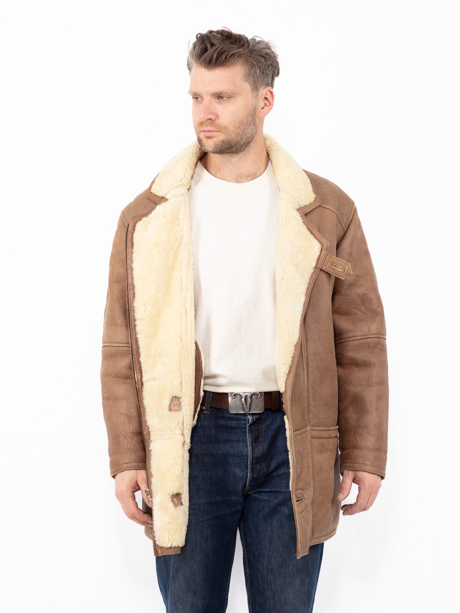 Vintage 80's Men Sheepskin Coat in Brown by Northern Grip