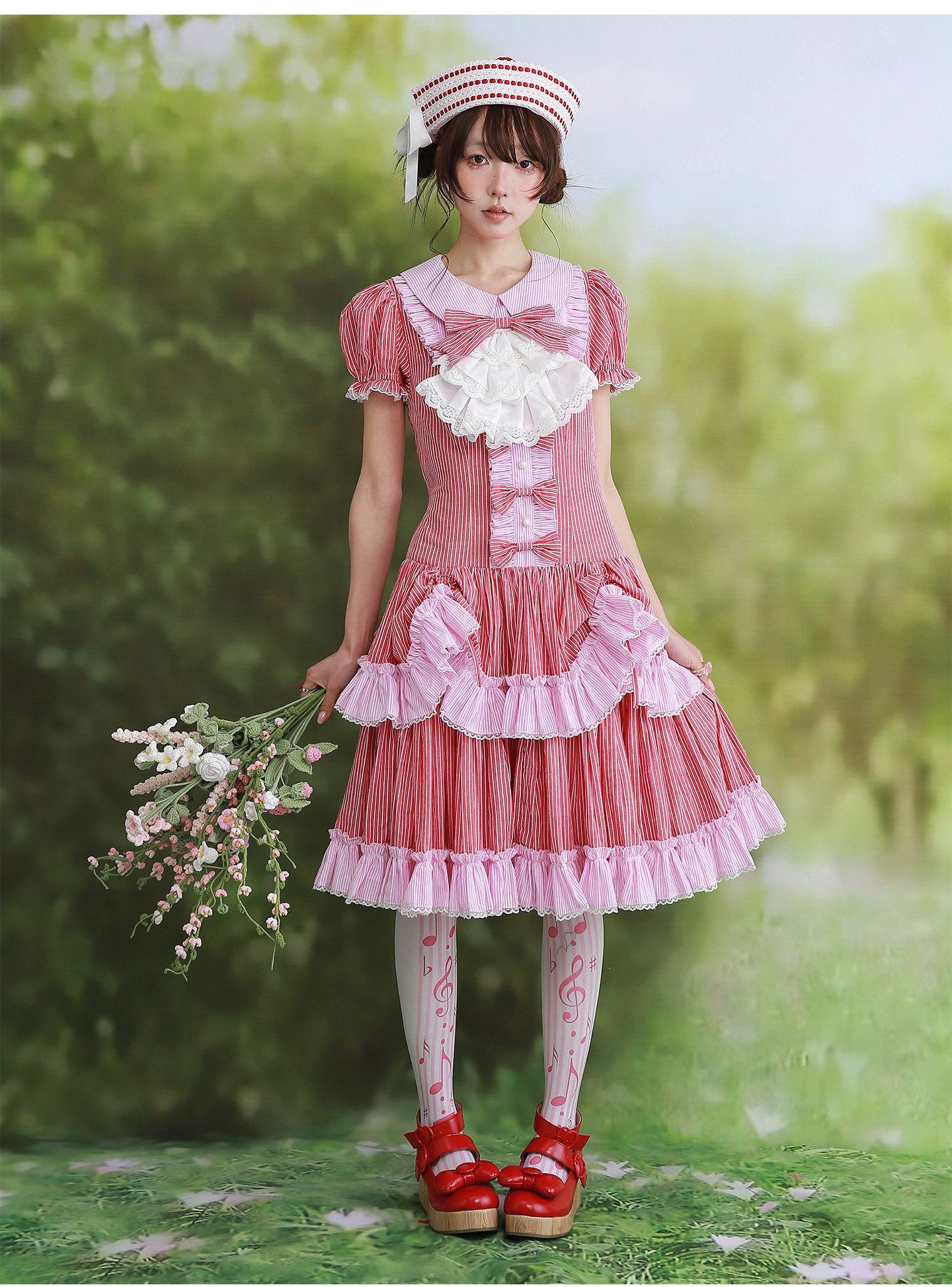 Showa Red Stripe Lolita Dress - SOS MEME CLUB by Land Decora