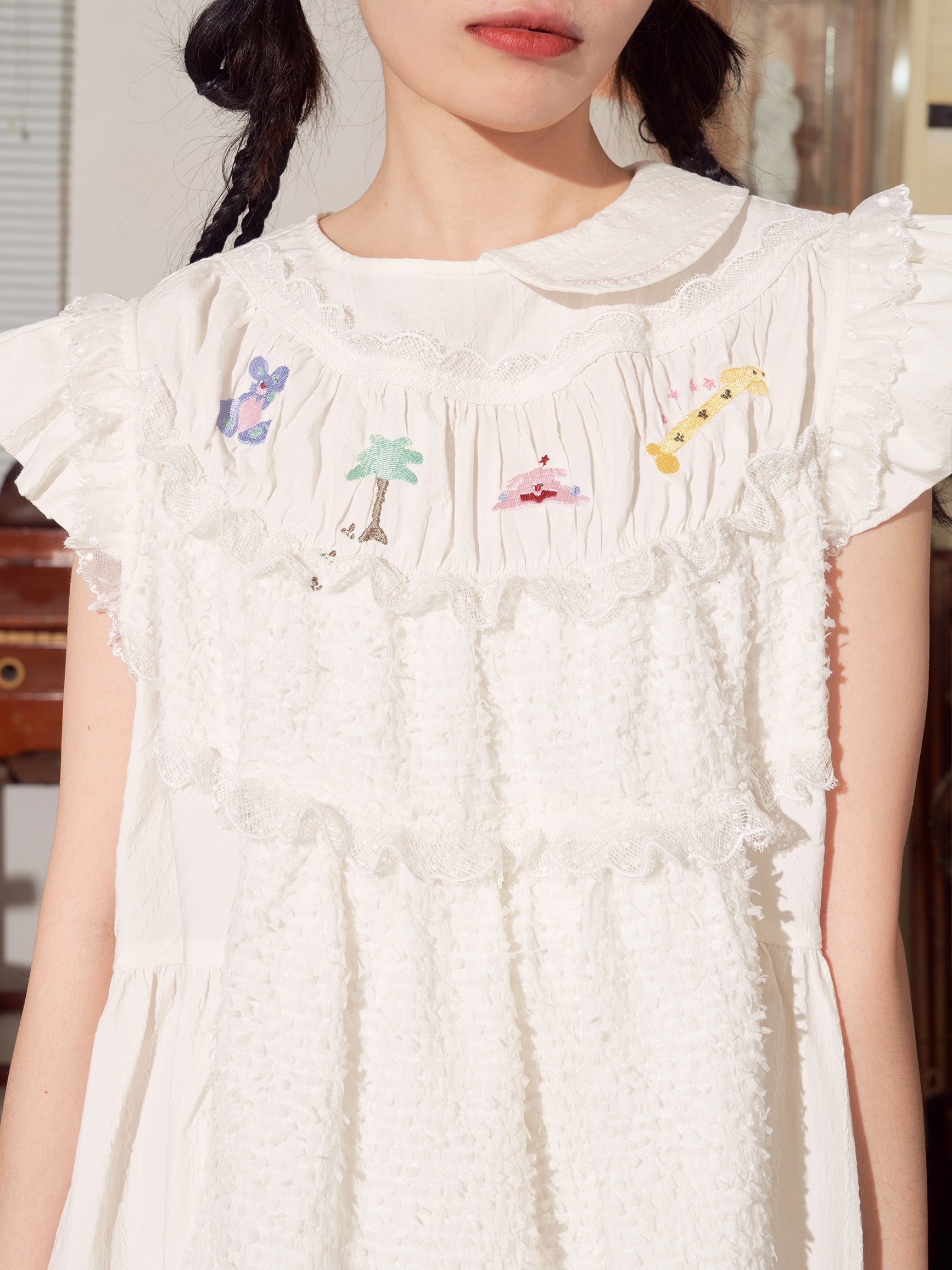 Harajuku Dress Electric Magic Embroidered Dress White Versatile Dress - HELPHELP by Land Decora