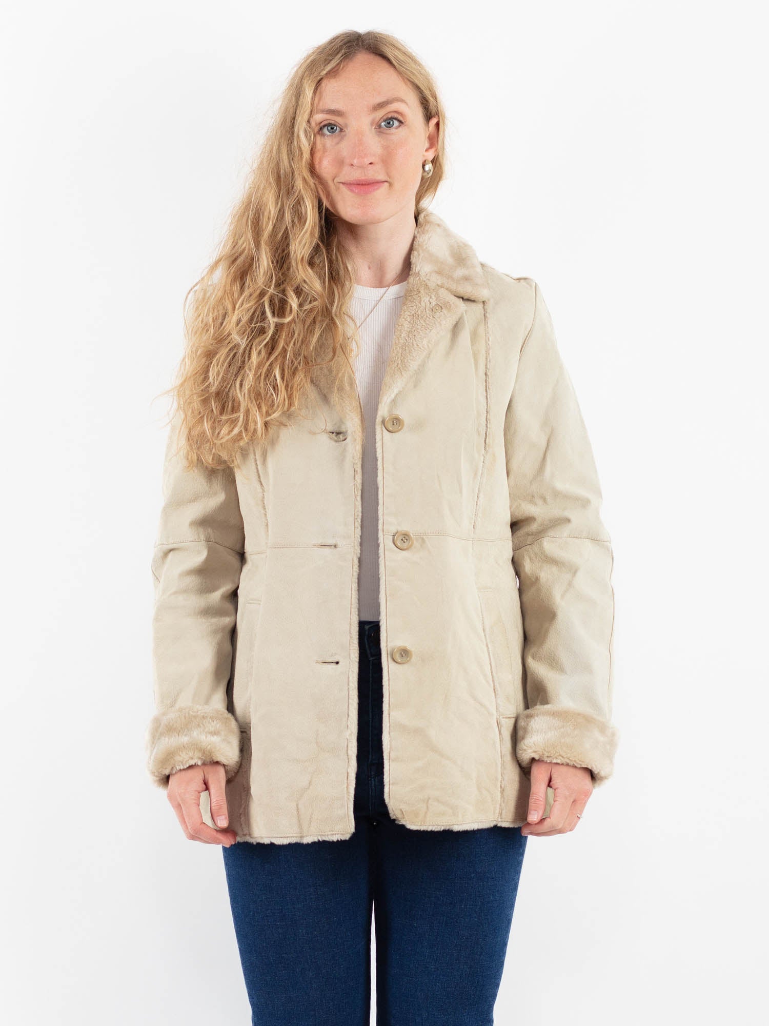 Vintage 00's Women Suede Sherpa Coat in Beige by Northern Grip
