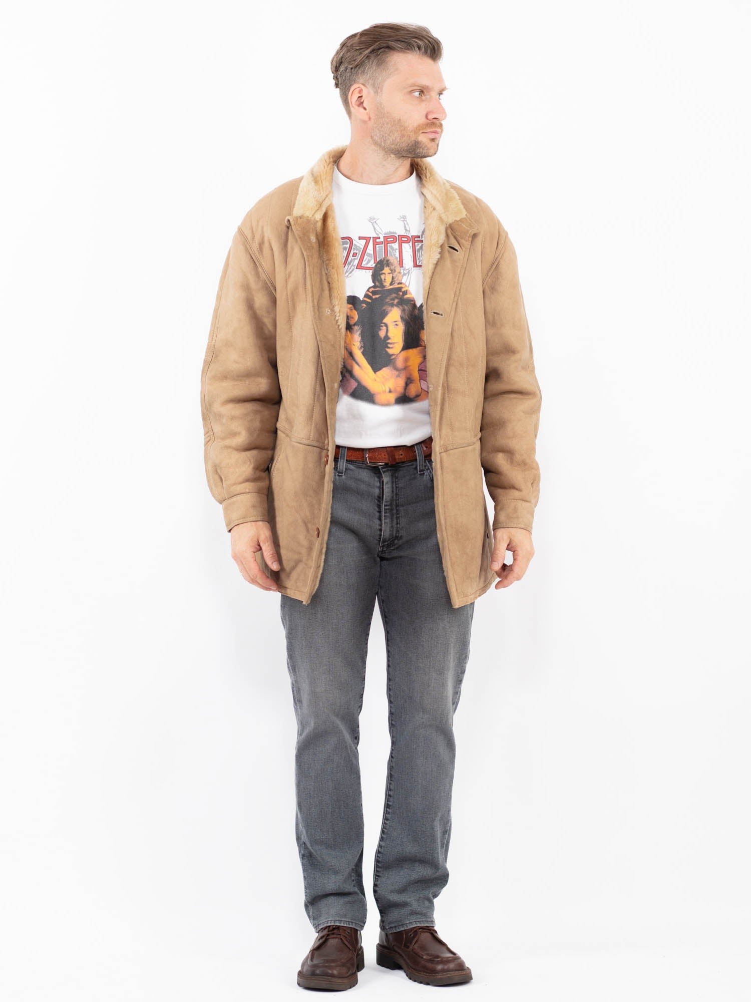 Vintage 90's Men Sheepskin Coat in Beige by Northern Grip
