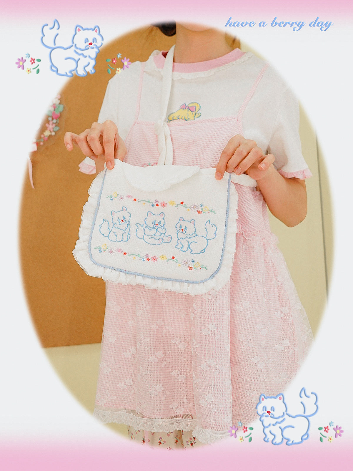 Kawaii Embroidered Cat Floral Crossbody Bag - Little Berry by Land Decora