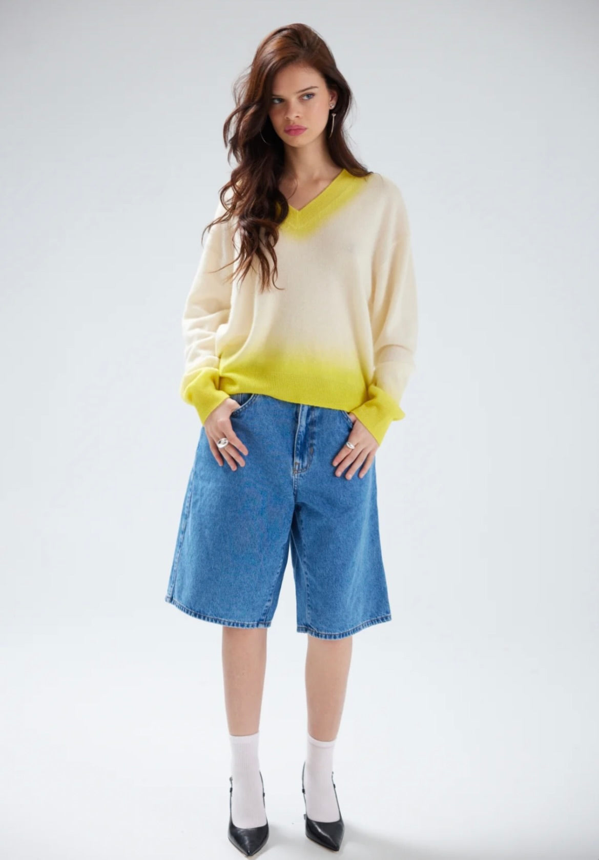Colorush Alora Dip Trim V Neck Sweater in Margarita by Sierra Deene