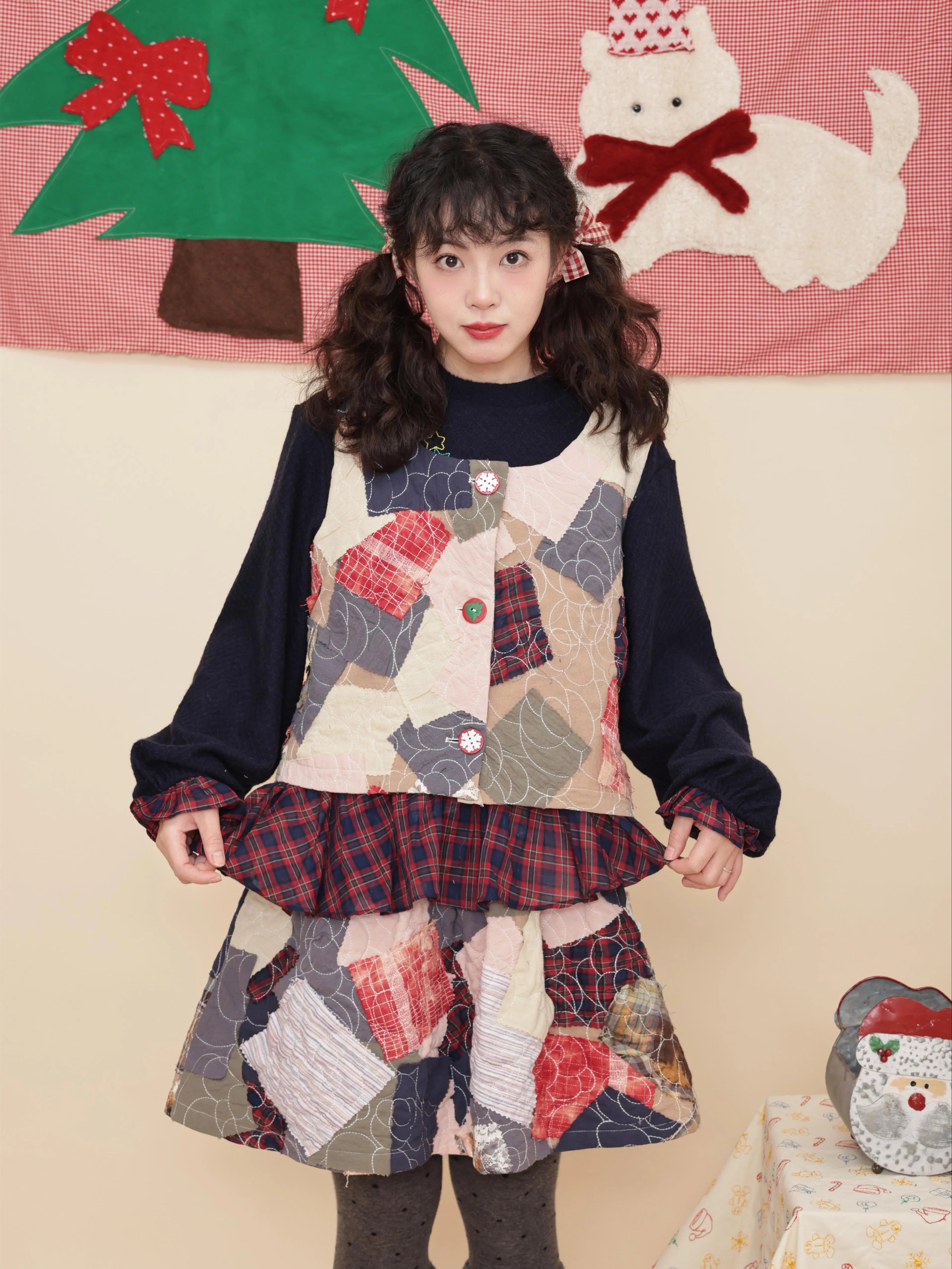 SemenCoicis Set Harajuku Skirt Vest Vintage Patchwork Christmas Vest S by Land Decora