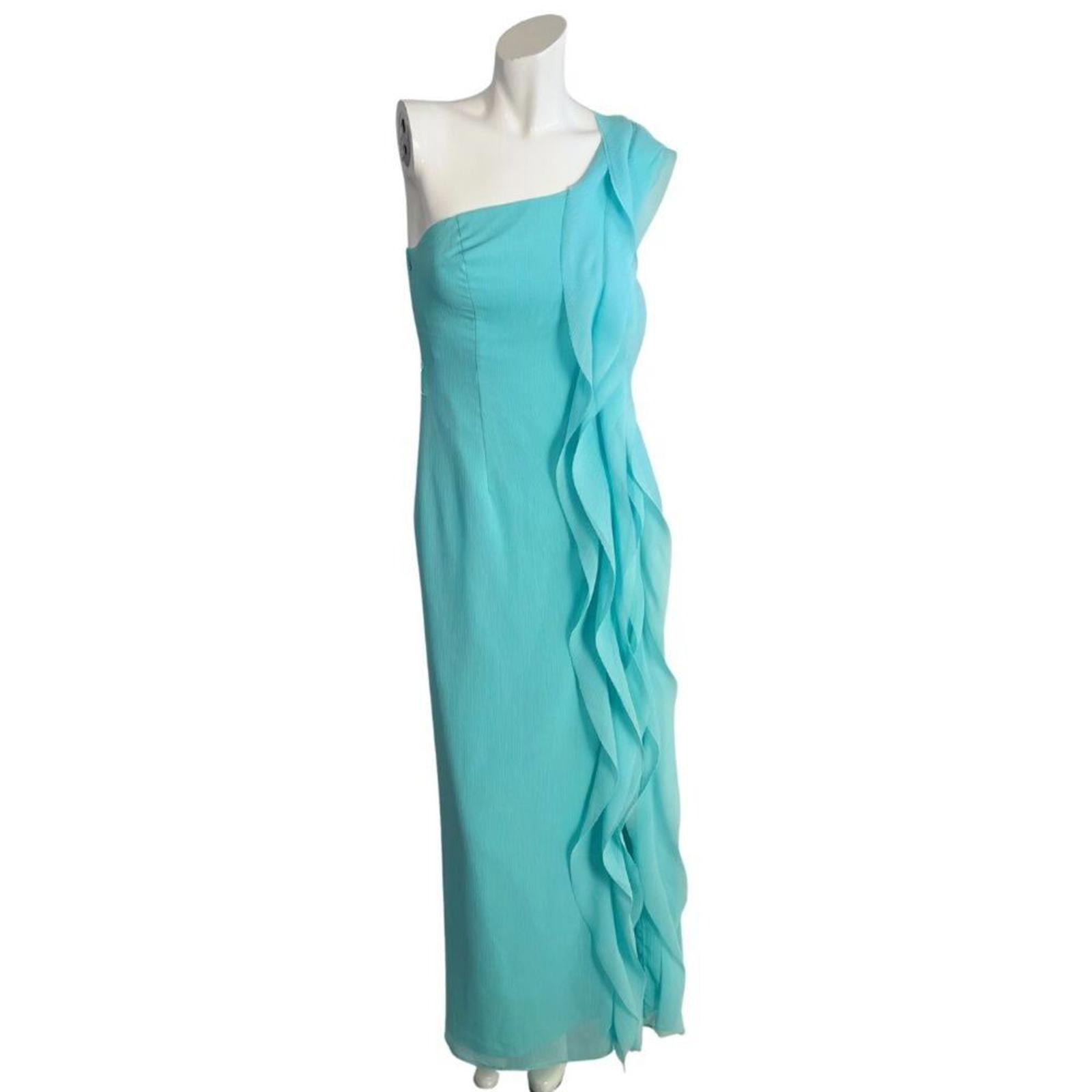 Vera Wang White Aqua Blue Chiffon One Shoulder Ruffle Summer Maxi Dres by Hot Girl Secondhand