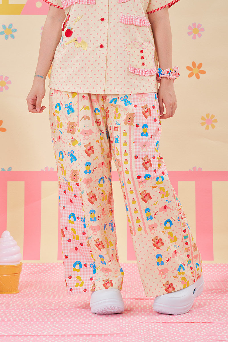 Patchwork Wide Leg Pants Kawaii Cotton - NIKKOU by Land Decora