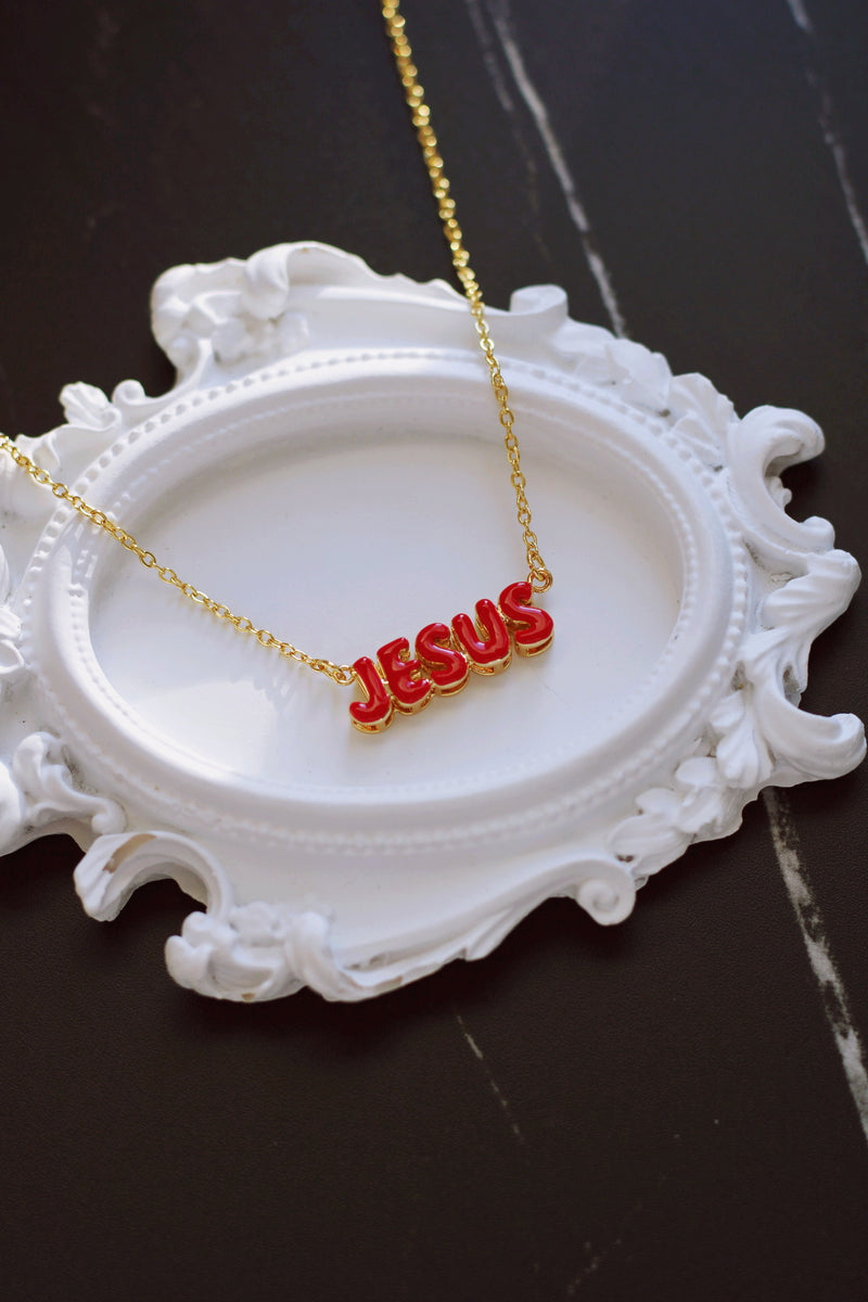 BUBBLE LETTER "JESUS" NECKLACE IN RED (WATERPROOF) by RAËLIV