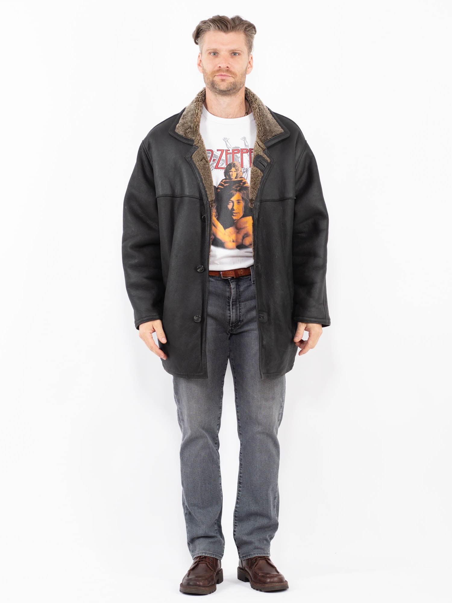 Vintage 90's Men Sheepskin Coat in Black by Northern Grip