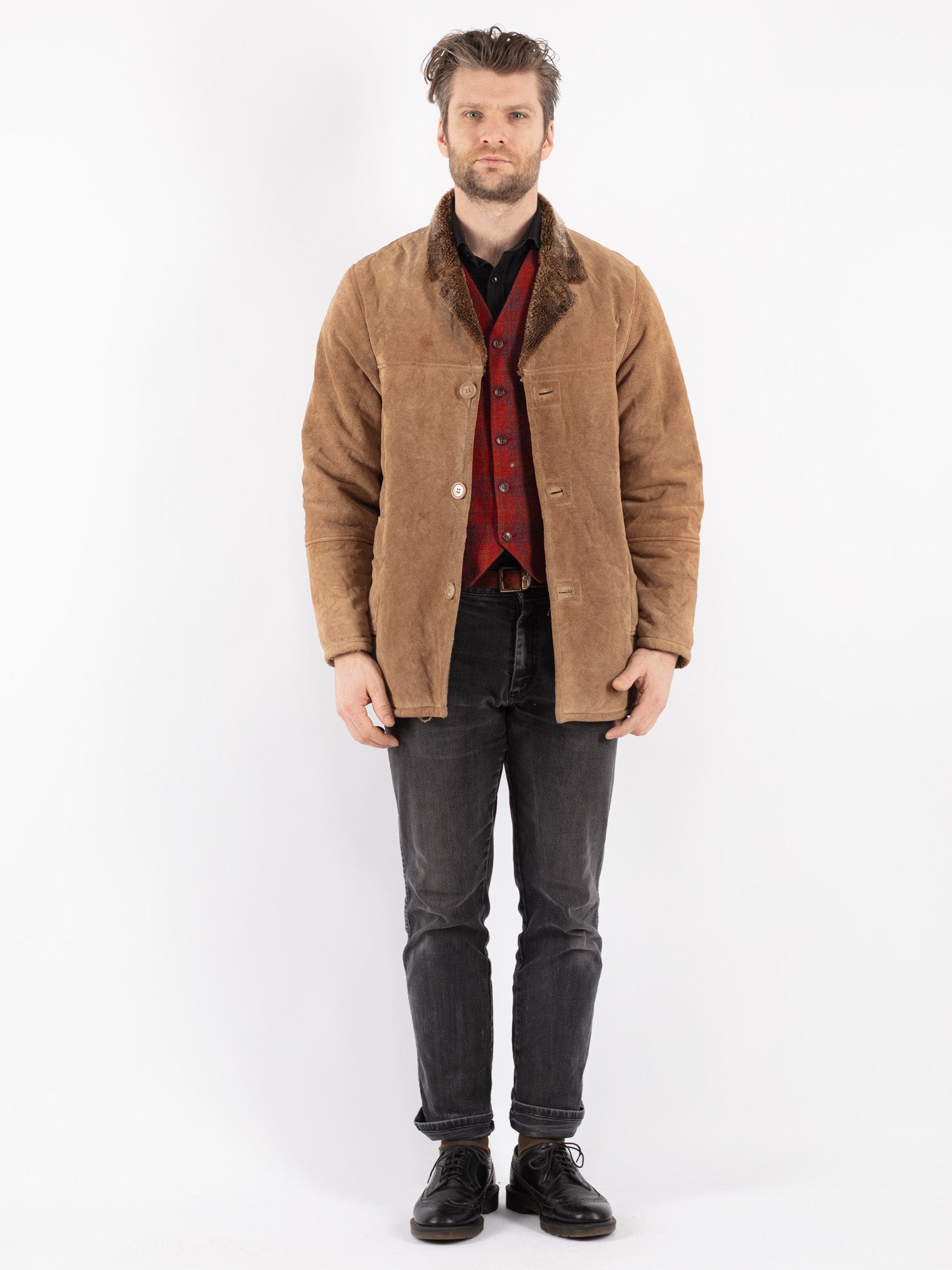 Vintage 90's Men Suede Sherpa Jacket in Beige by Northern Grip