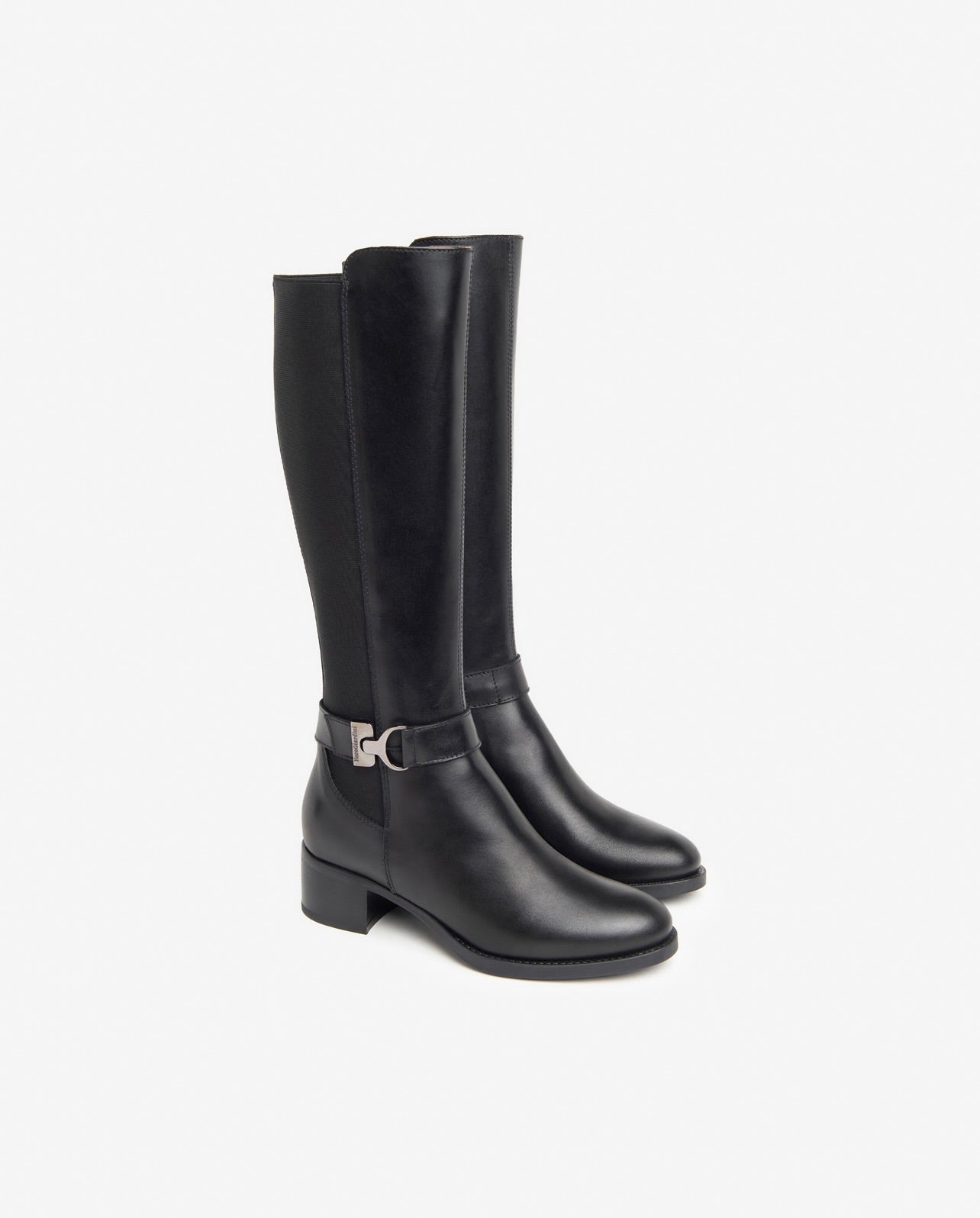 Leather Stretch Buckle Knee Boots in Black by Sierra Deene