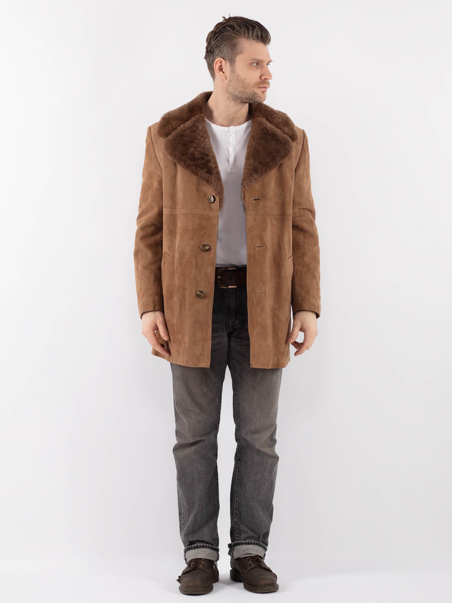 Vintage 70's Men Suede Sherpa Coat in Beige by Northern Grip