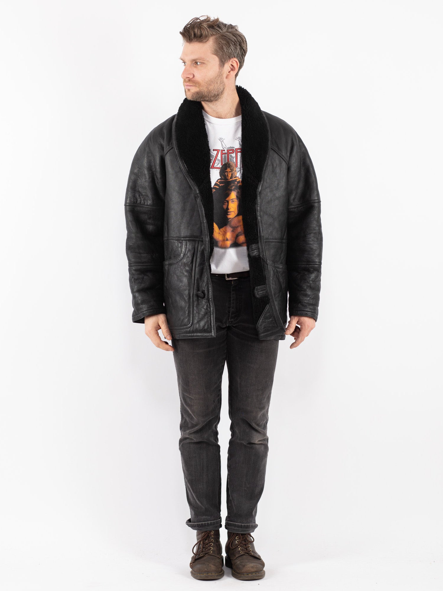 Vintage 90's Men Sheepskin Coat in Black by Northern Grip