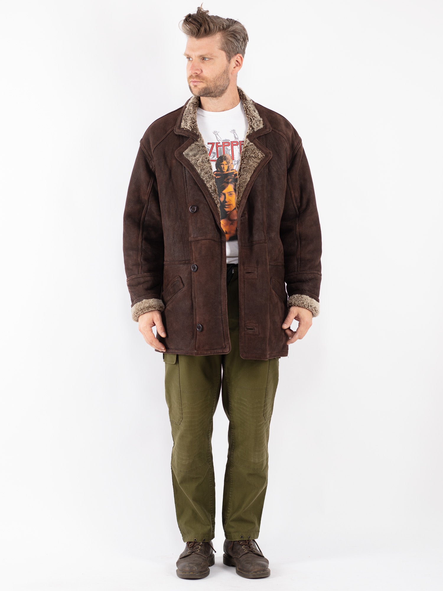 Vintage 90's Men Sheepskin Shearling Coat in Brown by Northern Grip
