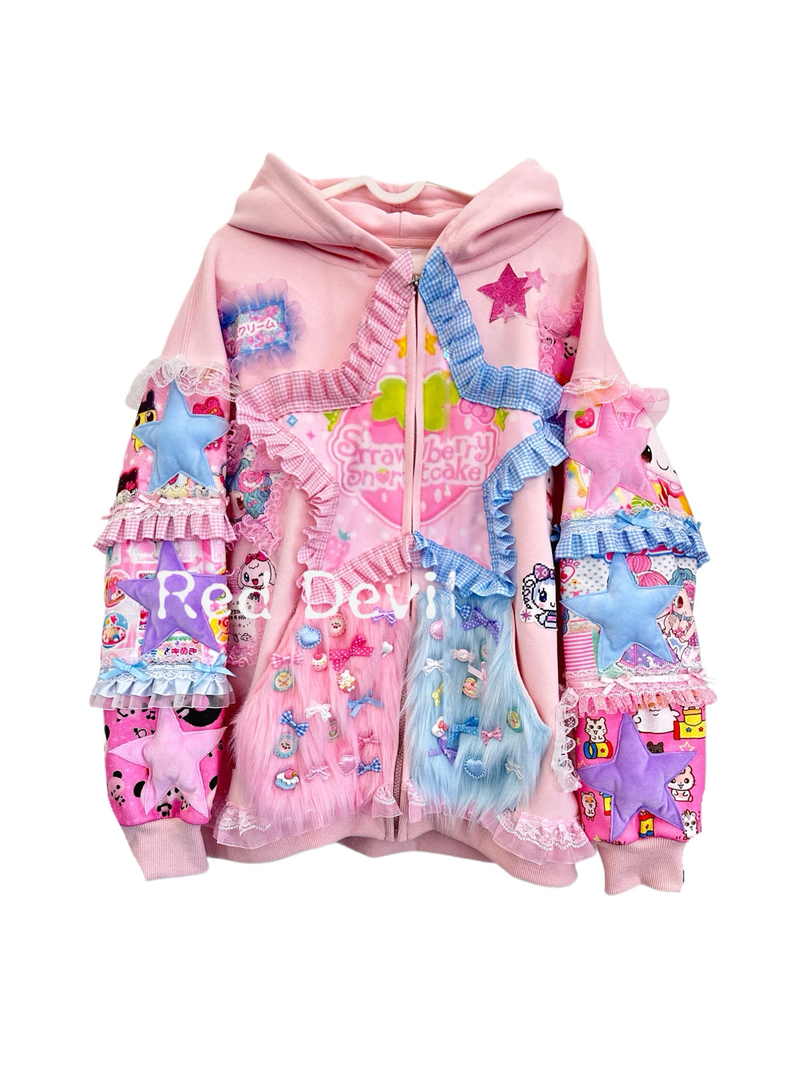 RedDevil Pink Hoodie Decora Handmade Hoodie Cartoon Patchwork Hoodie R by Land Decora