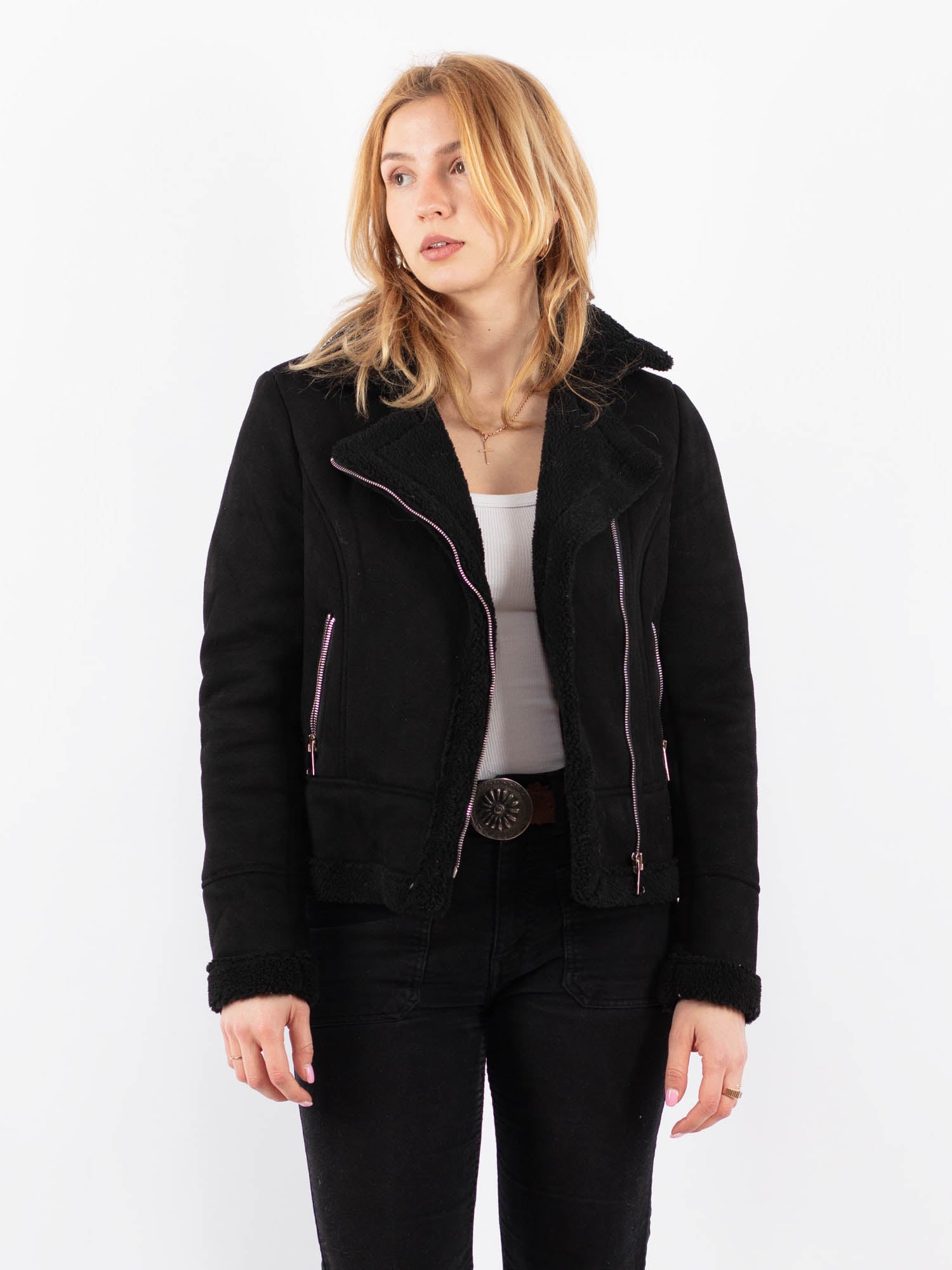 Vintage 00's Women Faux Sheepskin Jacket in Black by Northern Grip