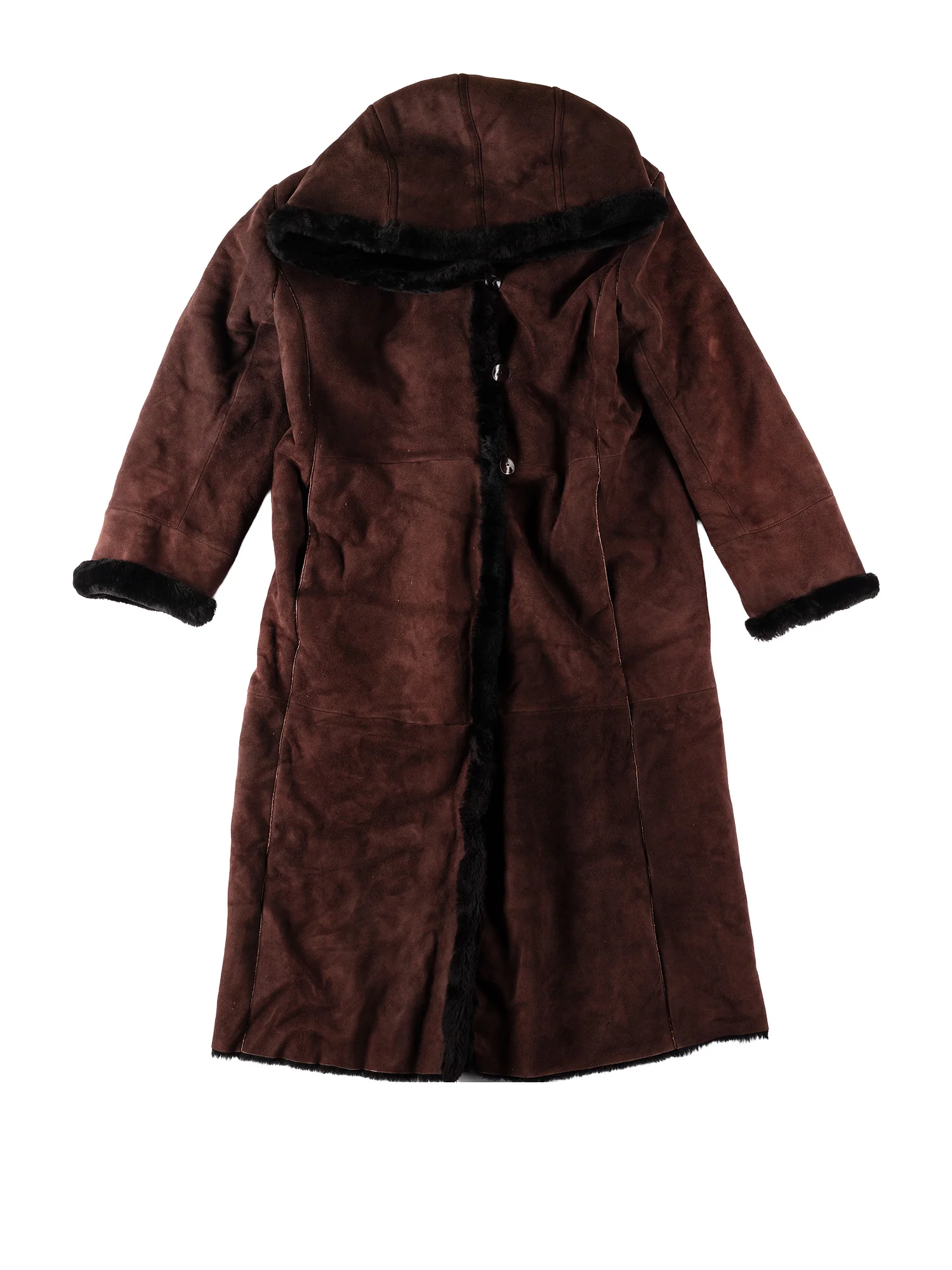 Vintage 80's Women Hooded Sheepskin Maxi Coat in Brown by Northern Grip