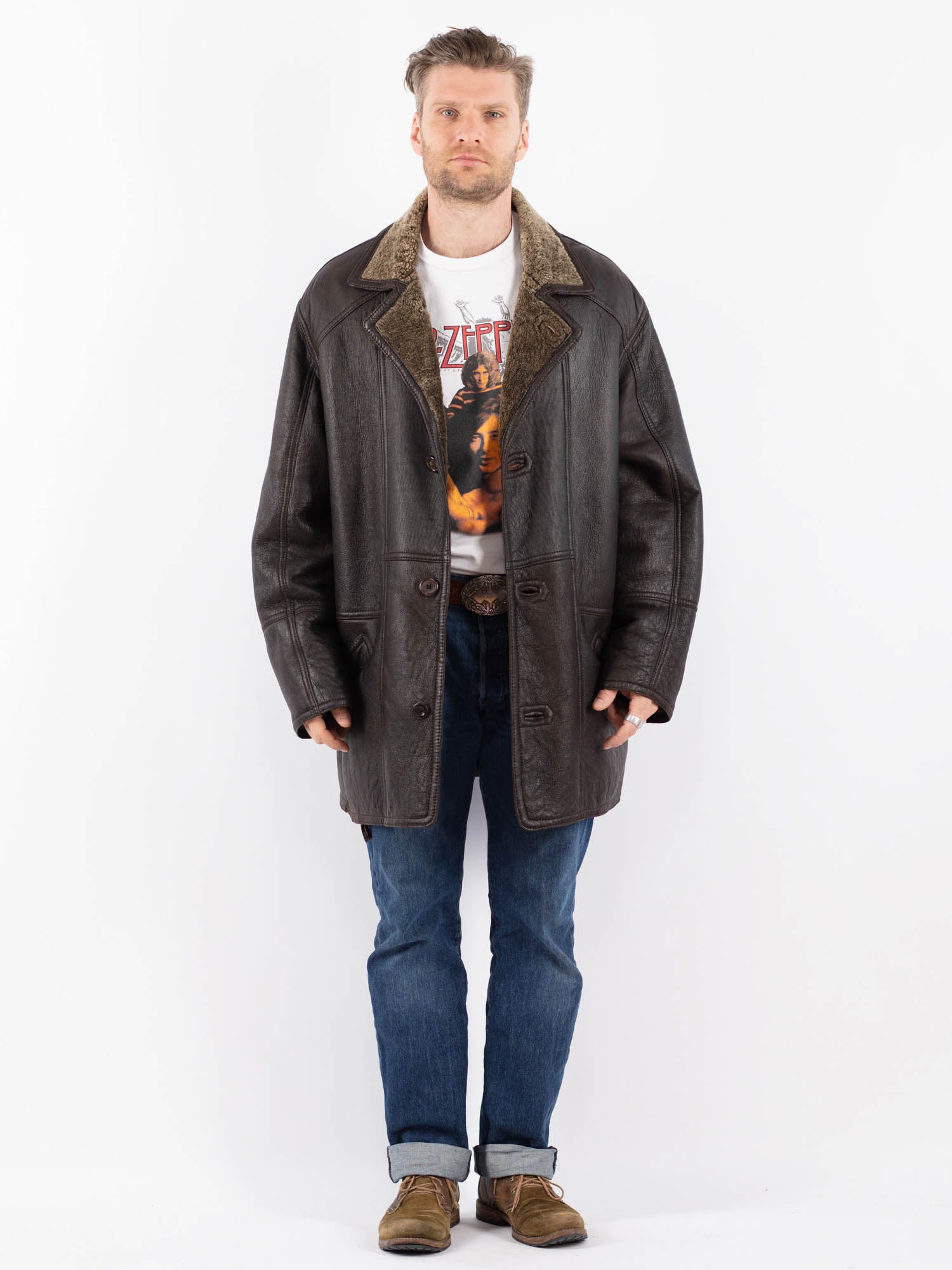 Vintage 90's Men Sheepskin Shearling Coat in Brown by Northern Grip