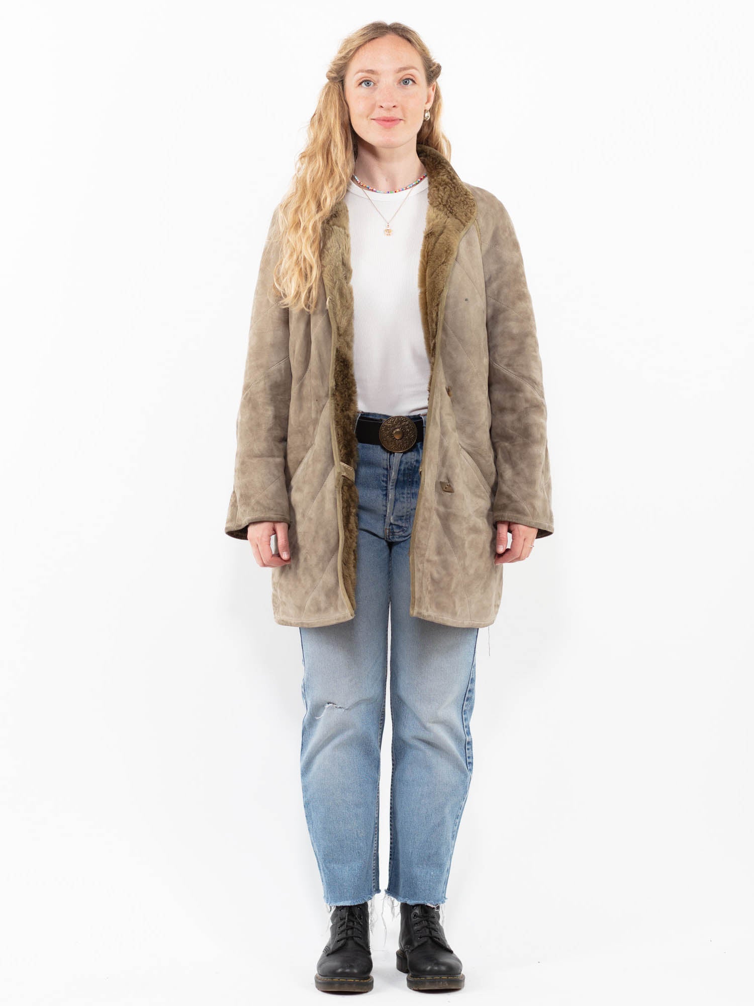 Vintage 70's Women Sheepskin Coat in Gray by Northern Grip