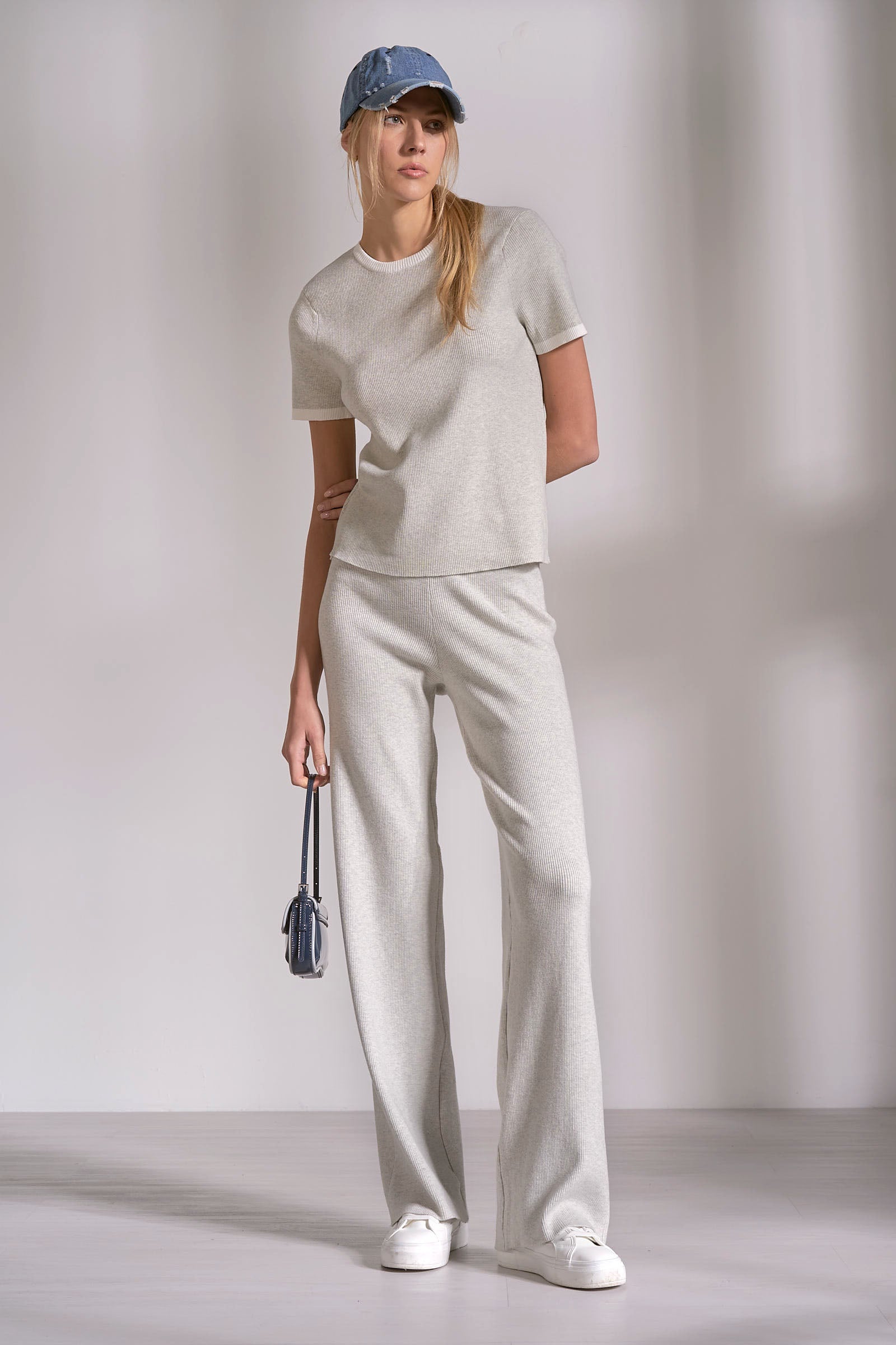 Elan Contrast Trim Short Sleeve Top in Grey White by Sierra Deene
