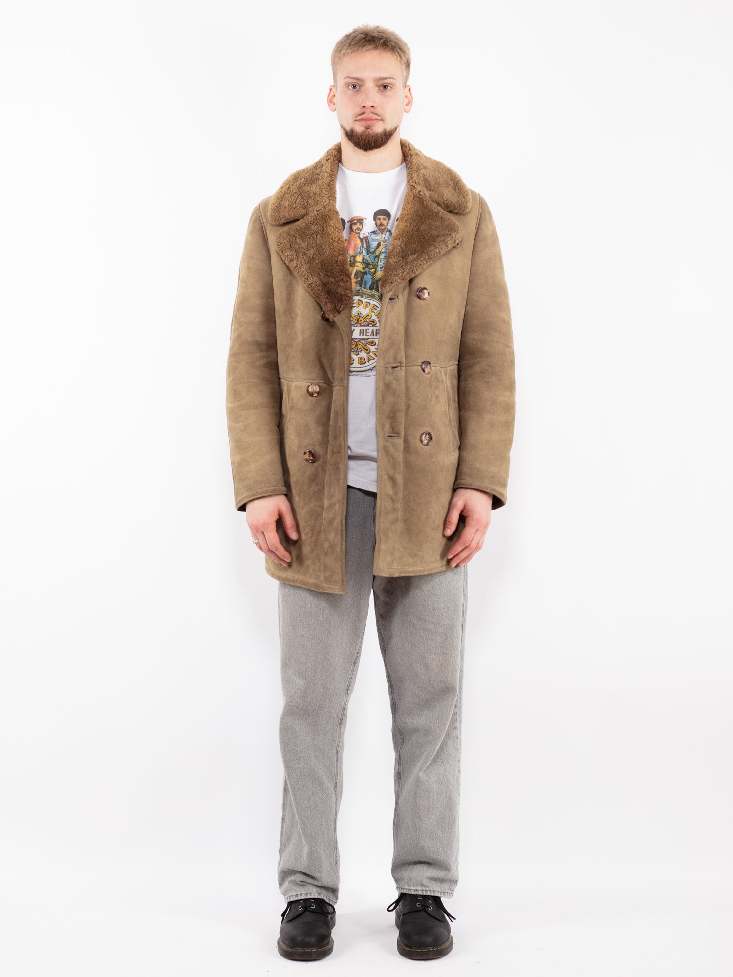 Vintage 70's Men Sheepskin Coat in Beige by Northern Grip