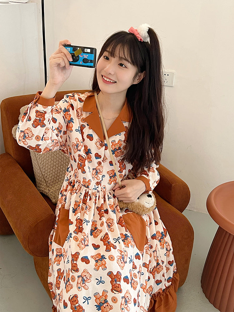 Kawaii Bear Print Long-Sleeve Dress - Mameya by Land Decora