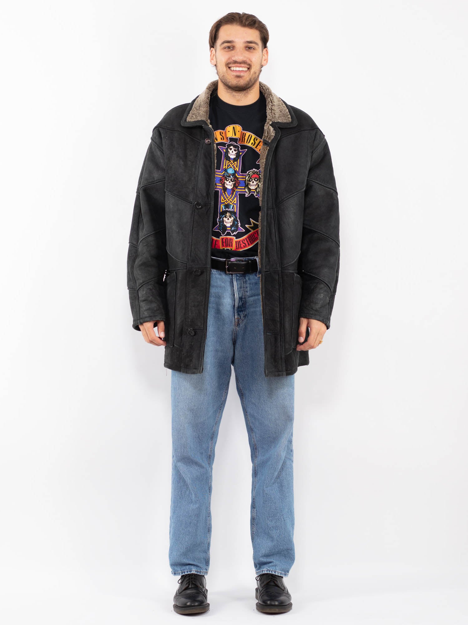Vintage 90's Men Sheepskin Coat in Black by Northern Grip