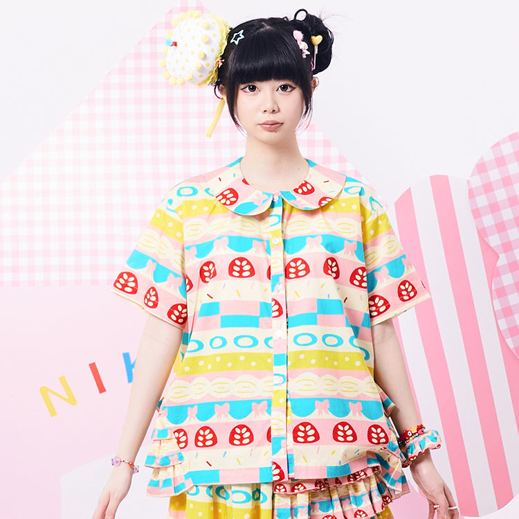 Nikkou Blouse Harajuku Blouse Colorful Layered Cake Print Blouse Cute by Land Decora