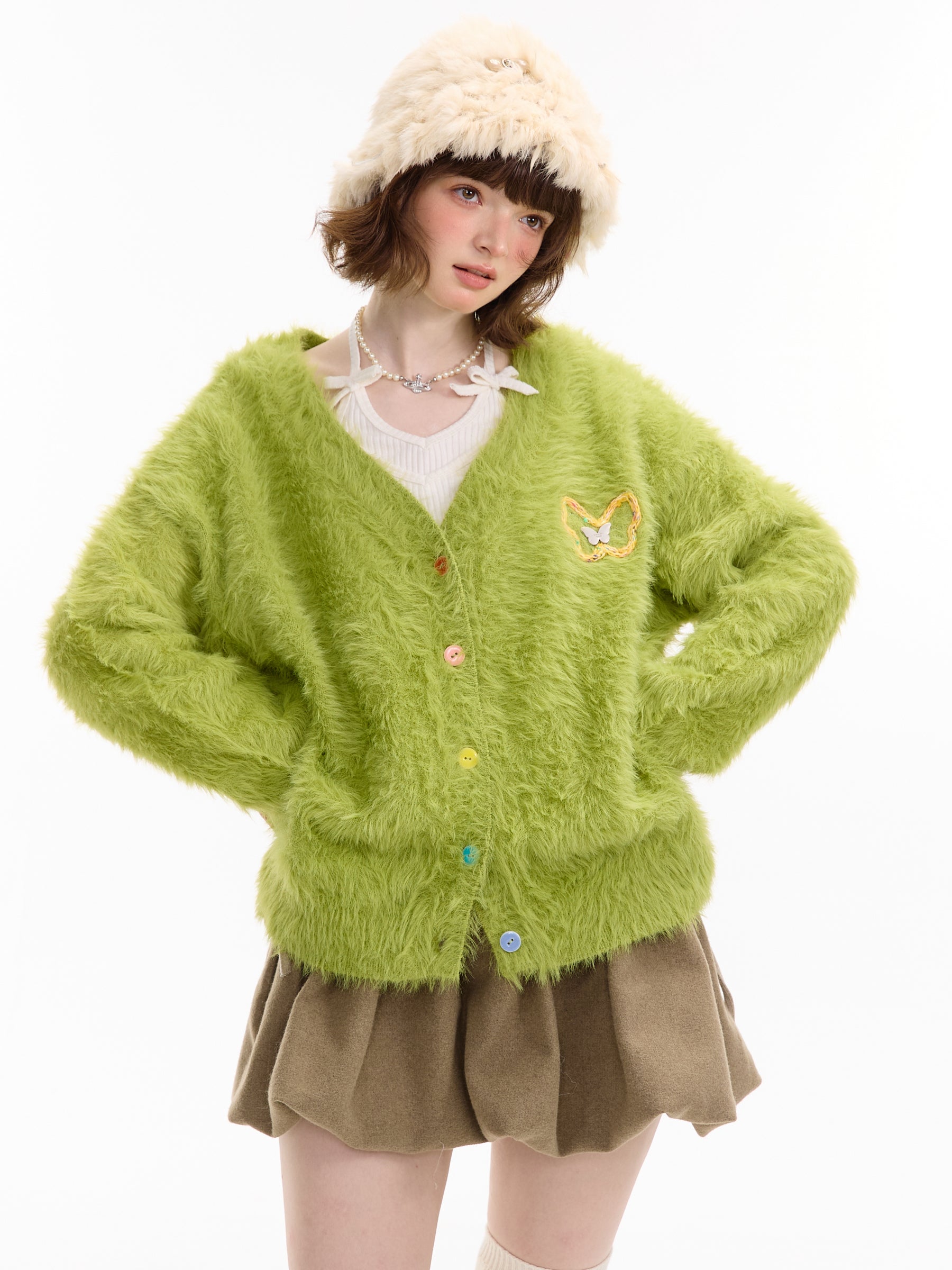 Y2K Plush Butterfly Cardigan with Color Buttons - ziziFei by Land Decora