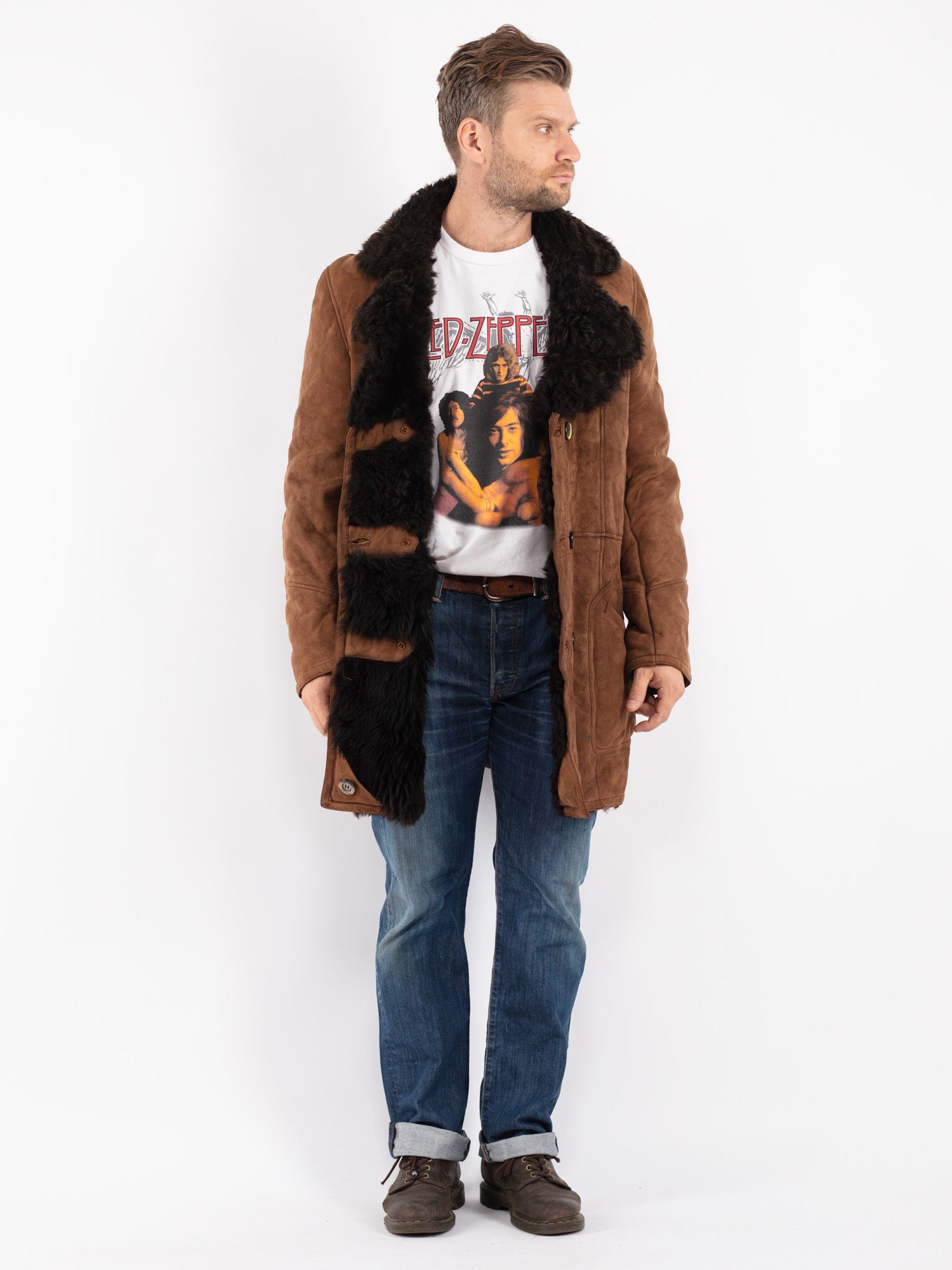 Vintage 70's Men Sheepskin Shearling Coat in Brown by Northern Grip