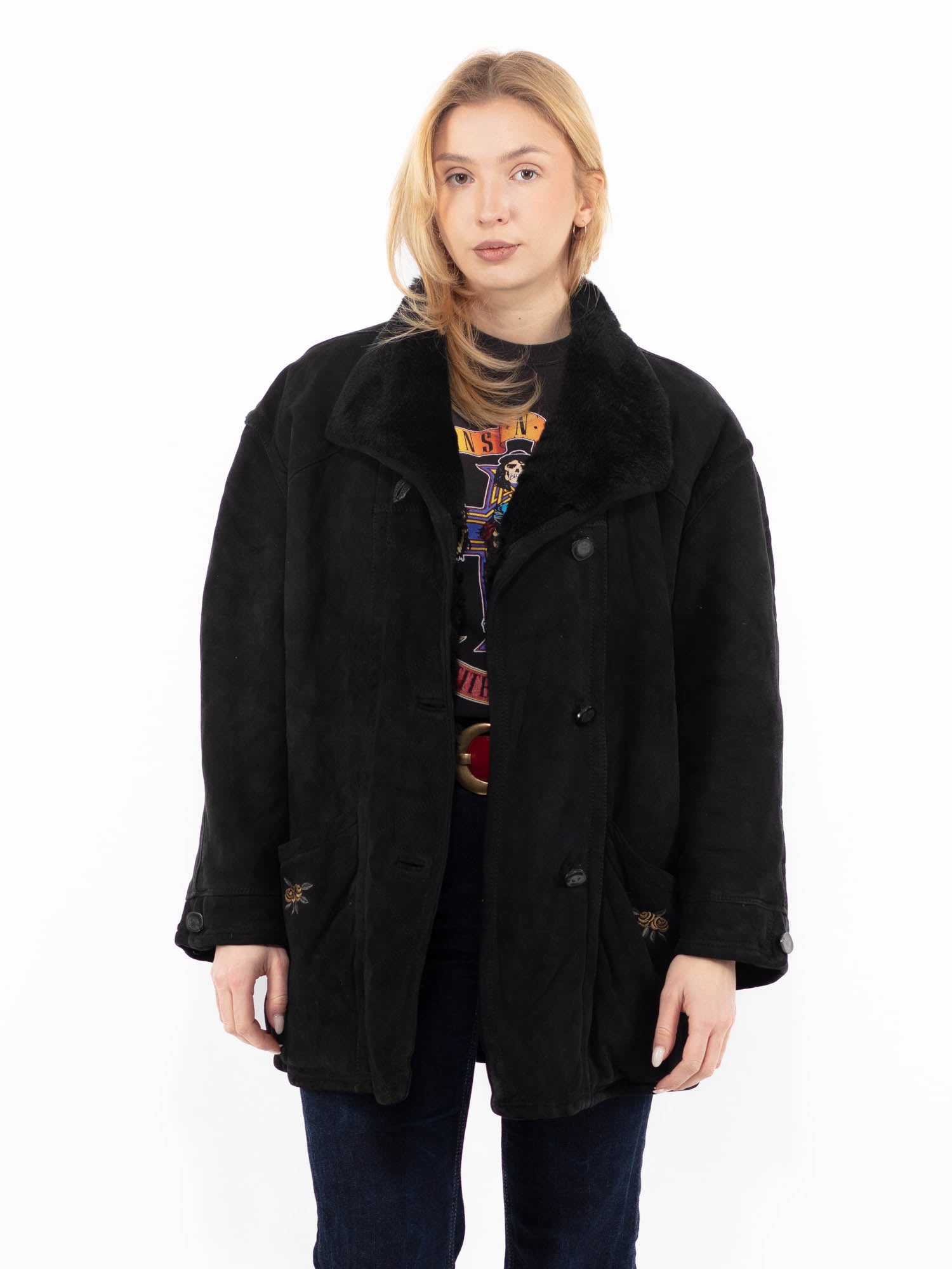 Vintage 90's Women Sheepskin Coat in Black by Northern Grip