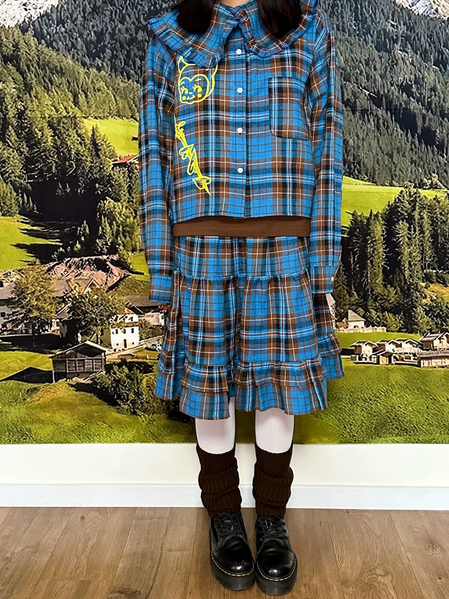 Vintage Blue Plaid Ruffle Collar Loose Shirt - BunnyBunnyGun by Land Decora