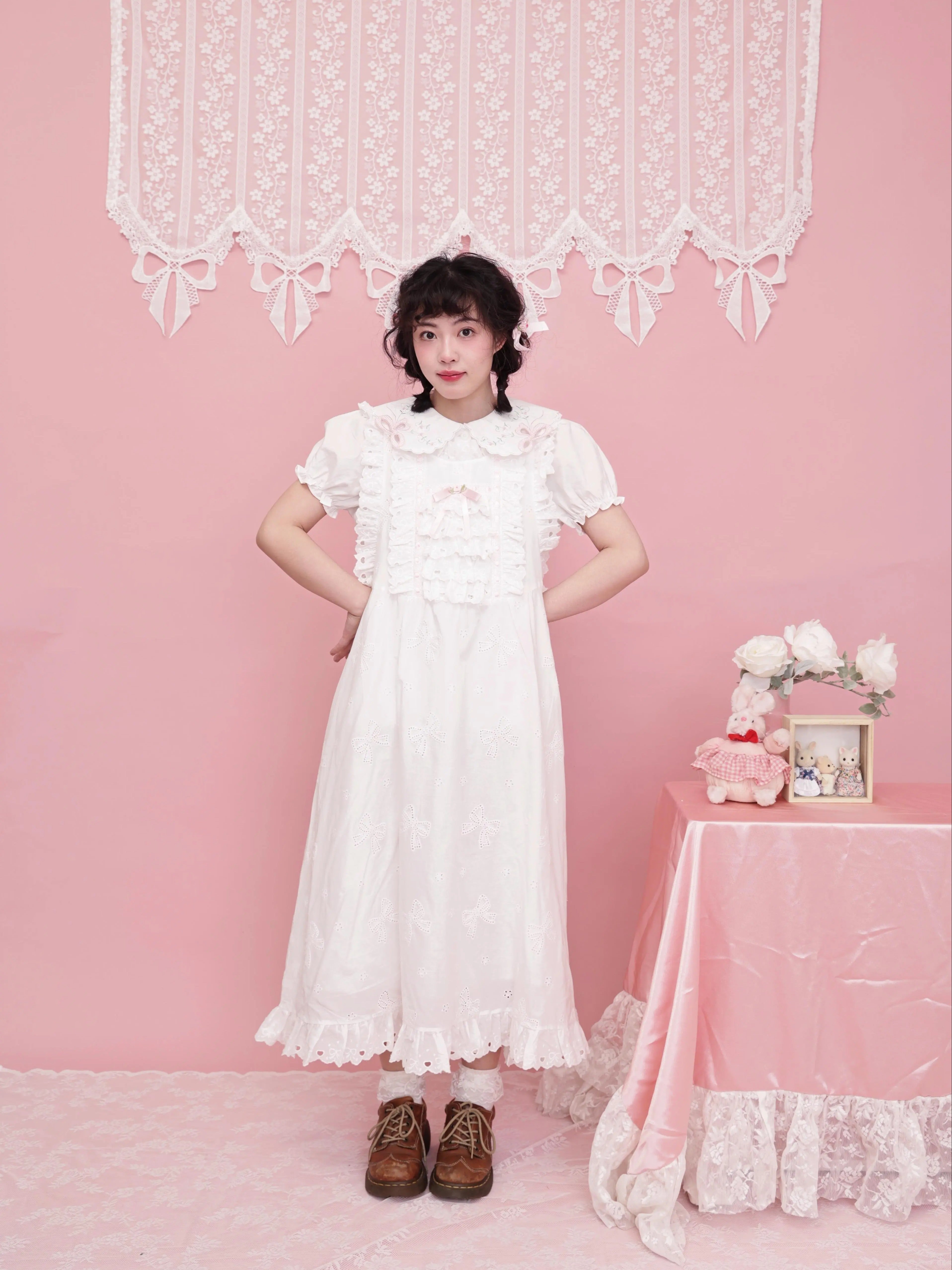 SemenCoicis Butterfly Embroidered Dress | White Cotton Pinafore Dress by Land Decora