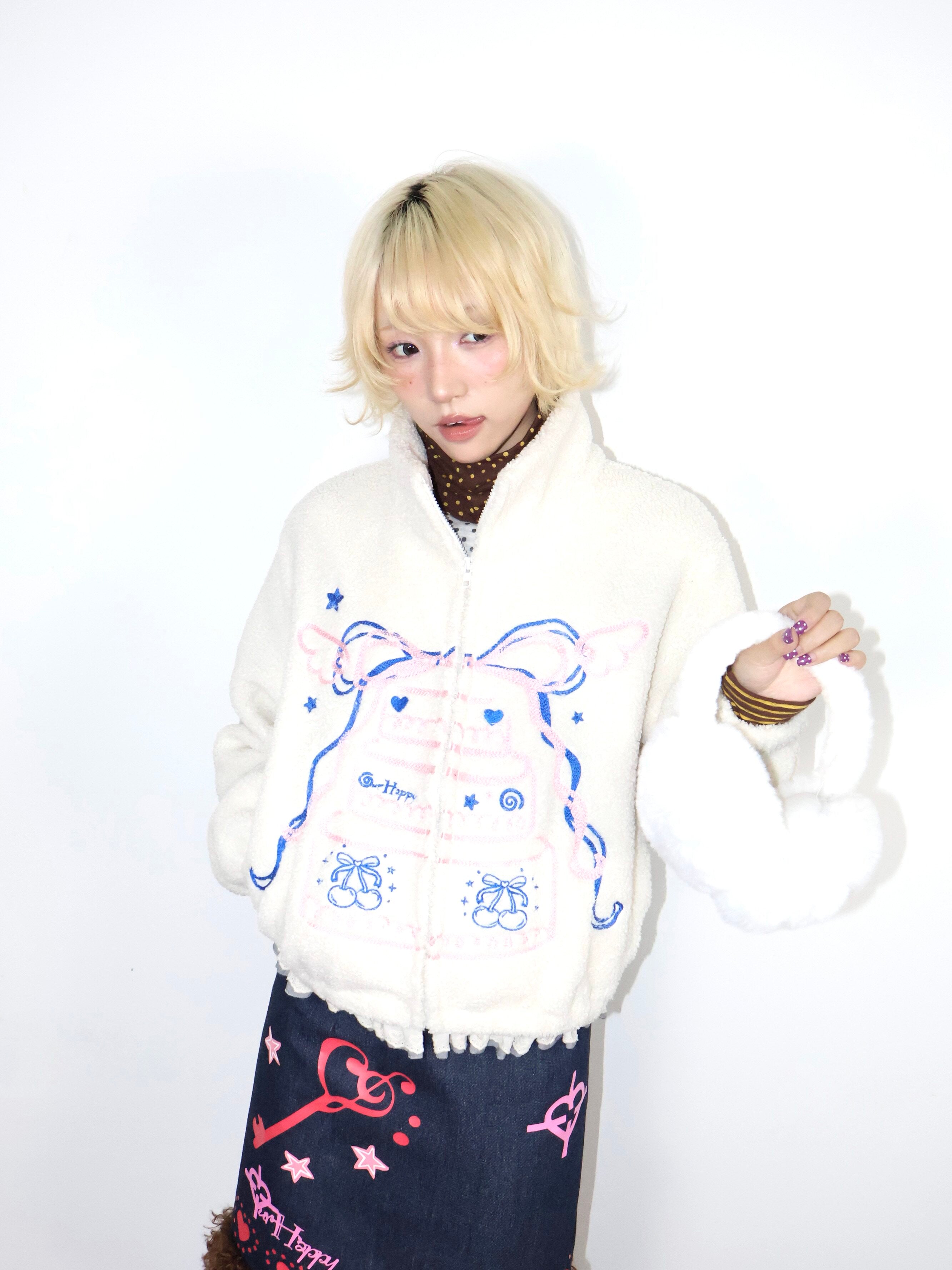 Kawaii Cake Embroidered Fleece Jacket - OurHappy by Land Decora