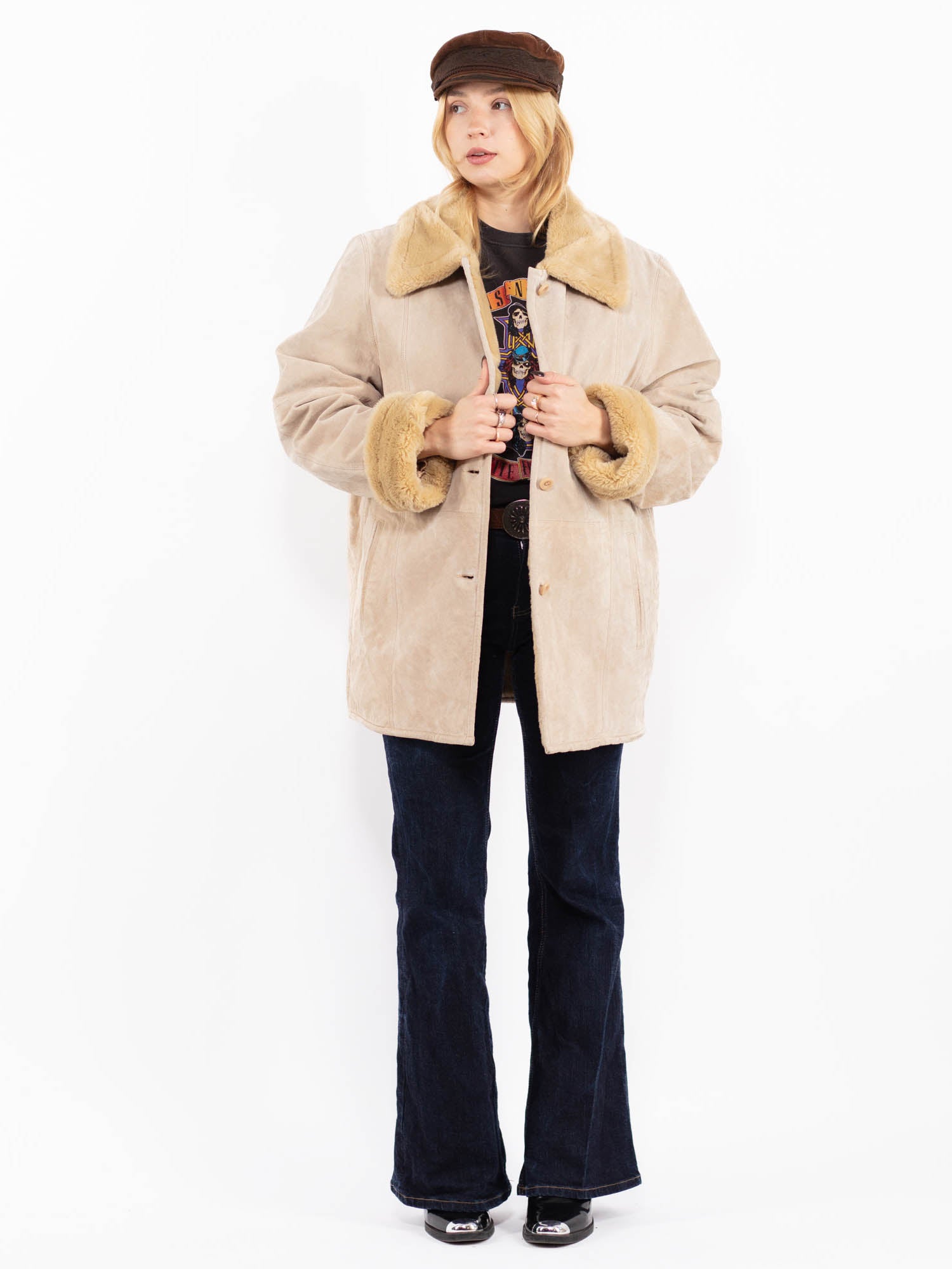 Vintage 90's Women Suede Sherpa Coat in Beige by Northern Grip