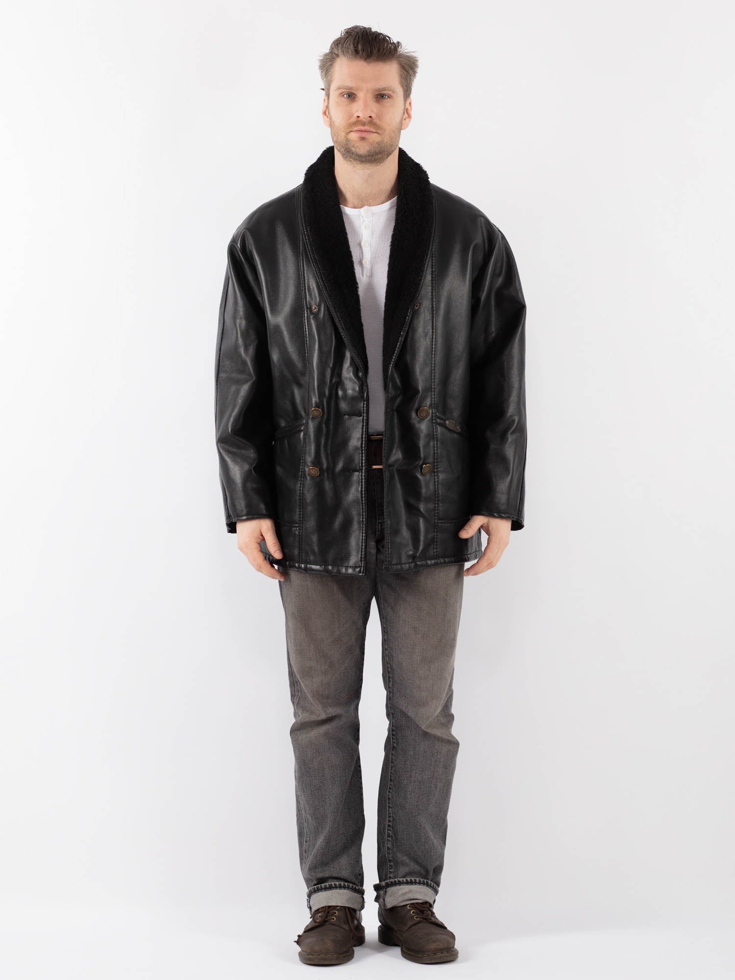 Vintage 90's Men Faux Sheepskin Jacket in Black by Northern Grip