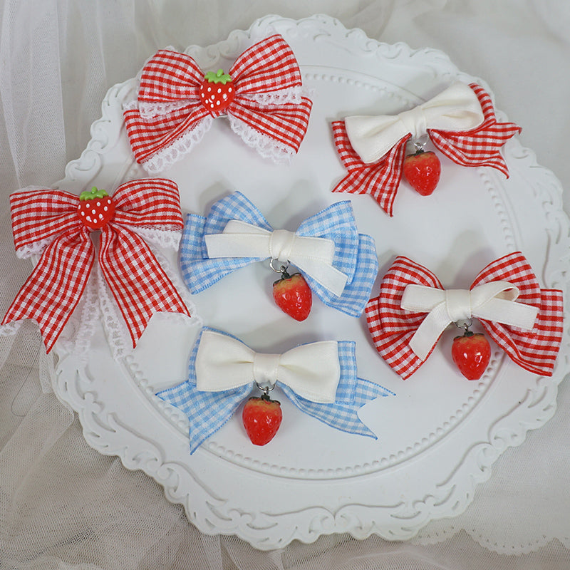 Kawaii Plaid Strawberry Bow Clip - Maojiang by Land Decora
