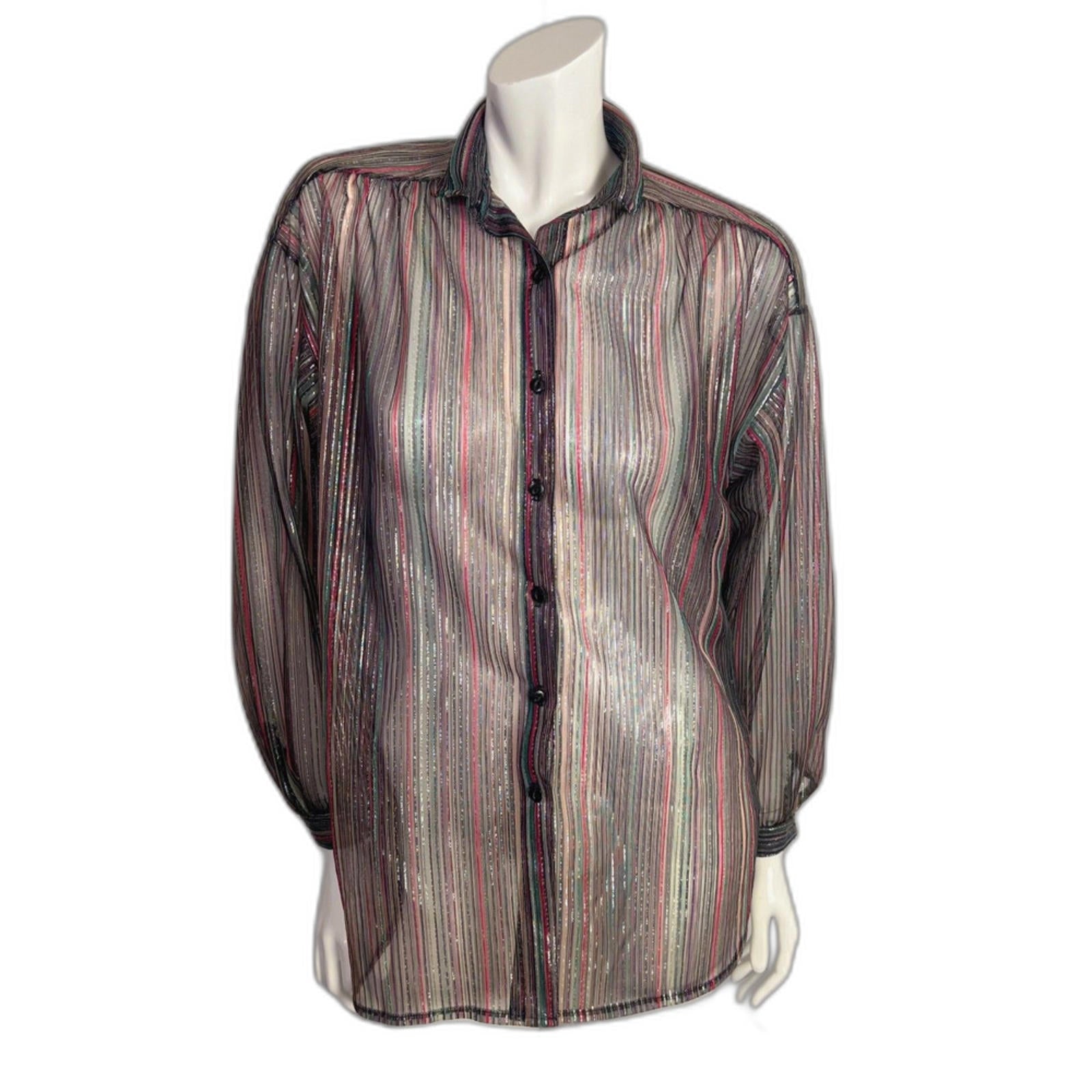 Vintage 1970s Jantzen Metallic Striped Button Down Shirt Sheer Disco S by Hot Girl Secondhand