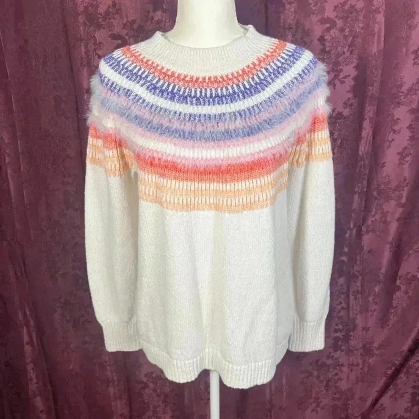 Christopher & Banks White Sweater Colorful Stripes Fuzzy Knit Crewneck by Hot Girl Secondhand