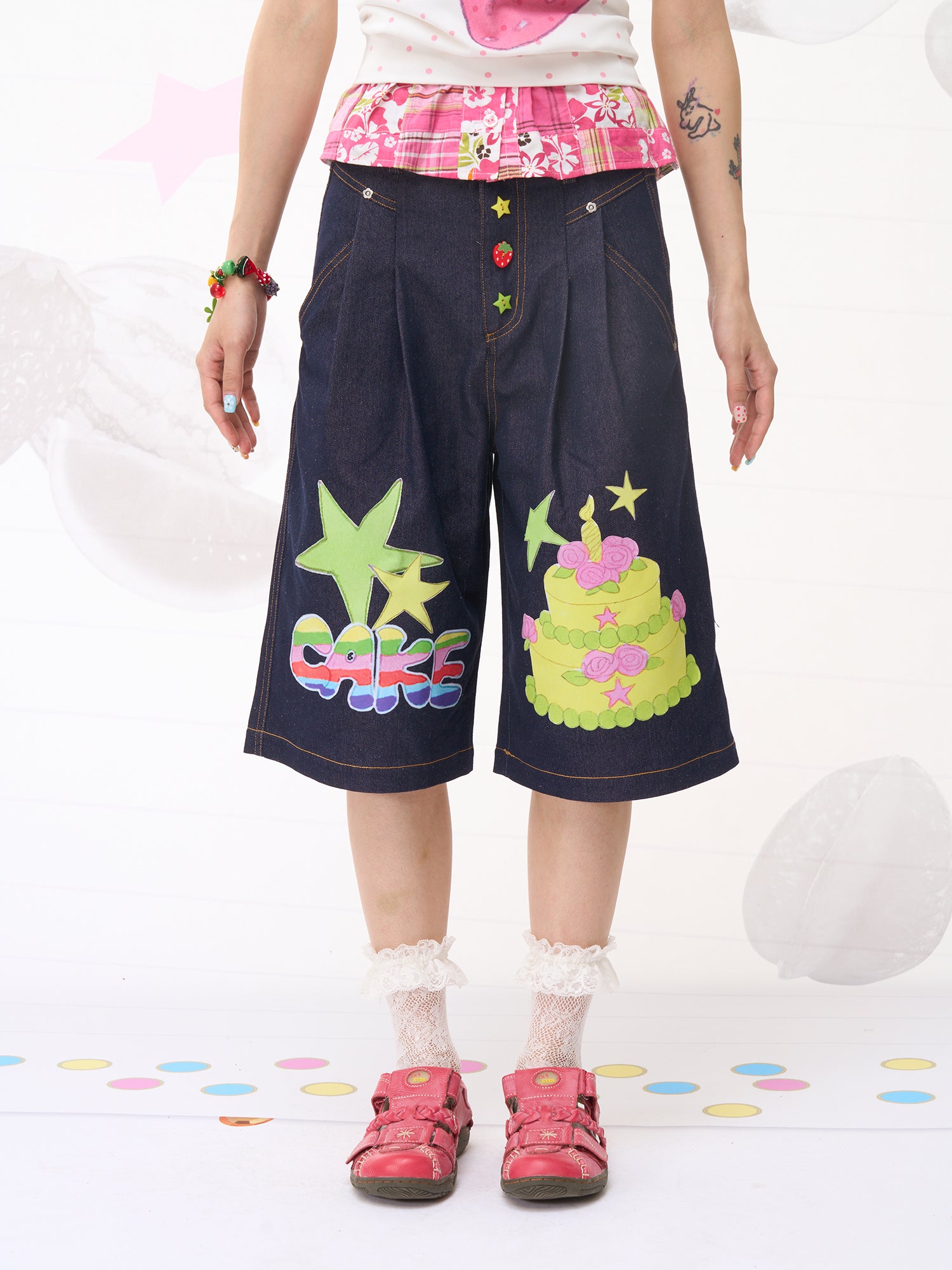 FRUITS Fun Cake Star Print Pants | Wide-Leg Denim Shorts by Land Decora