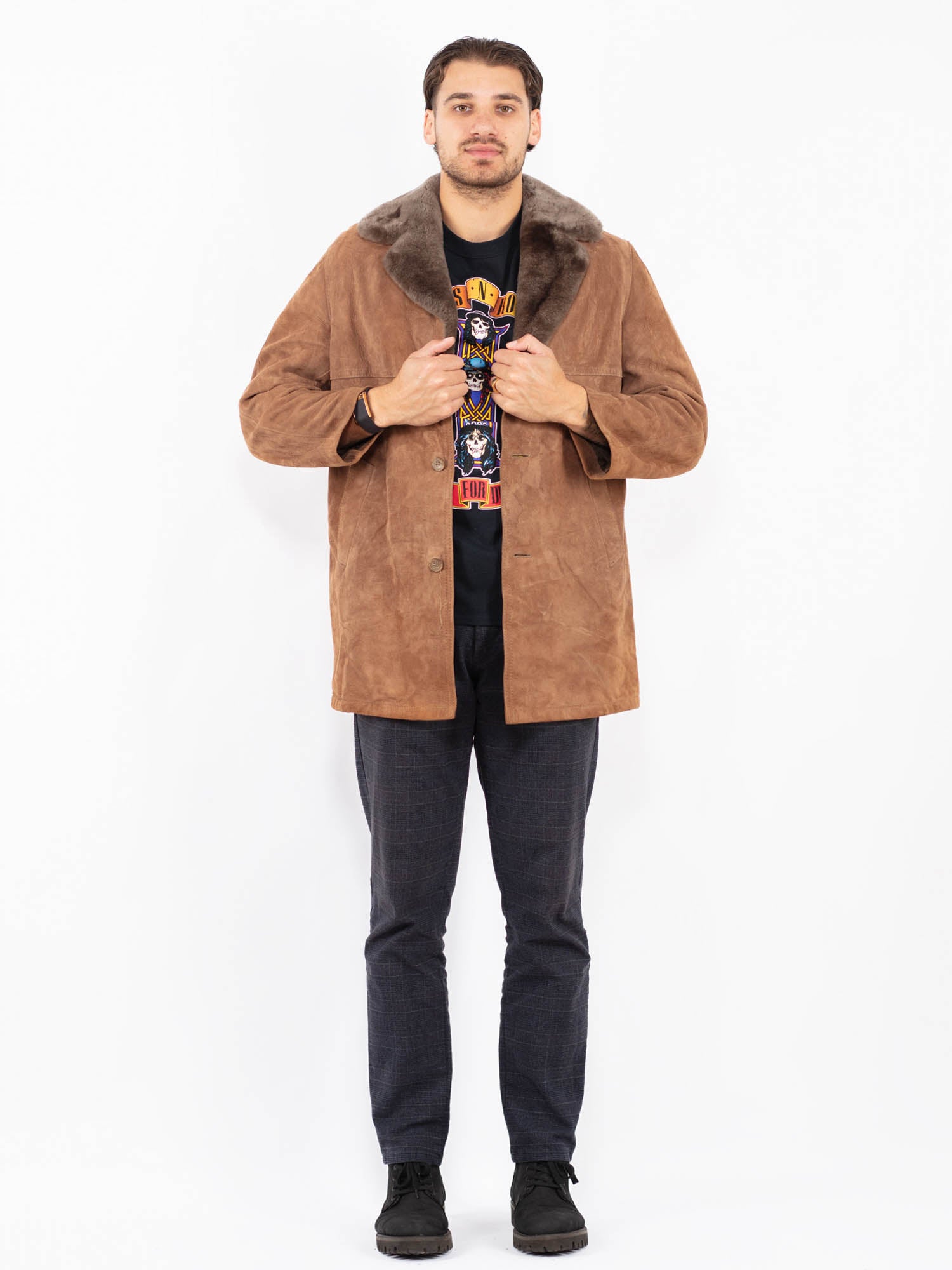 Vintage 70's Men Suede Sherpa Coat in Brown by Northern Grip