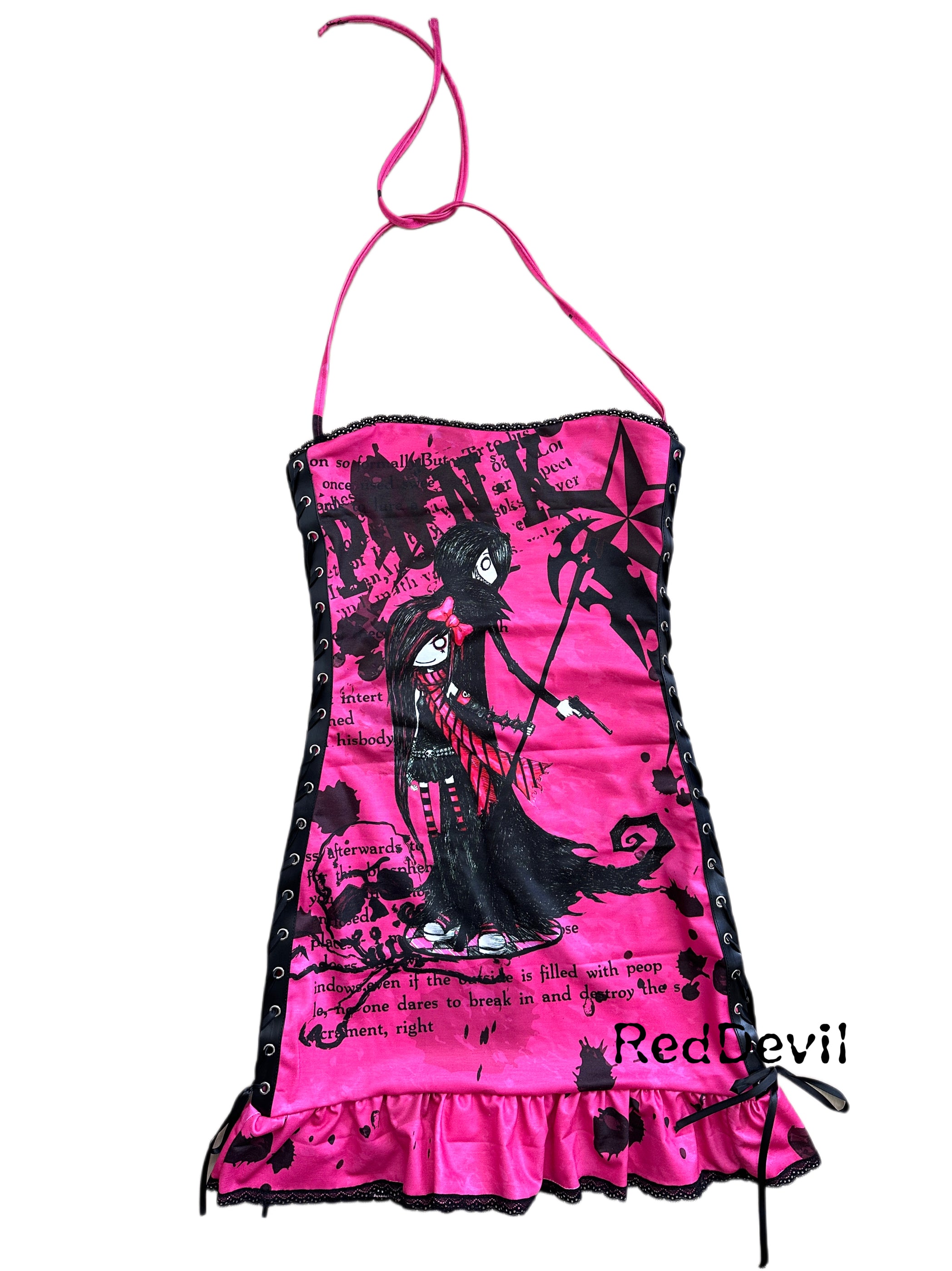 Red Devil Dress Y2K Shibuya Gal Graffiti Bodycon Halter Dress by Land Decora