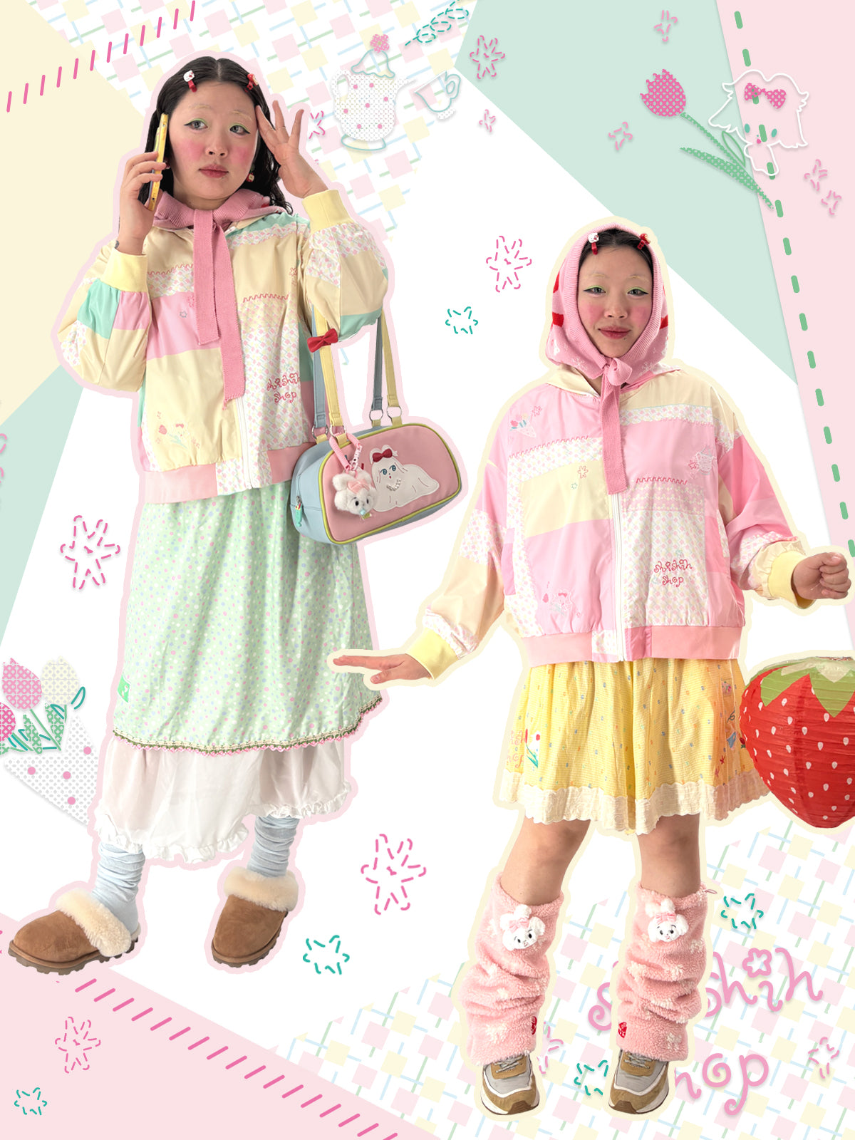 shishihshop Strawberry Hooded Jacket | Embroidered Patchwork Zip-Up Wi by Land Decora