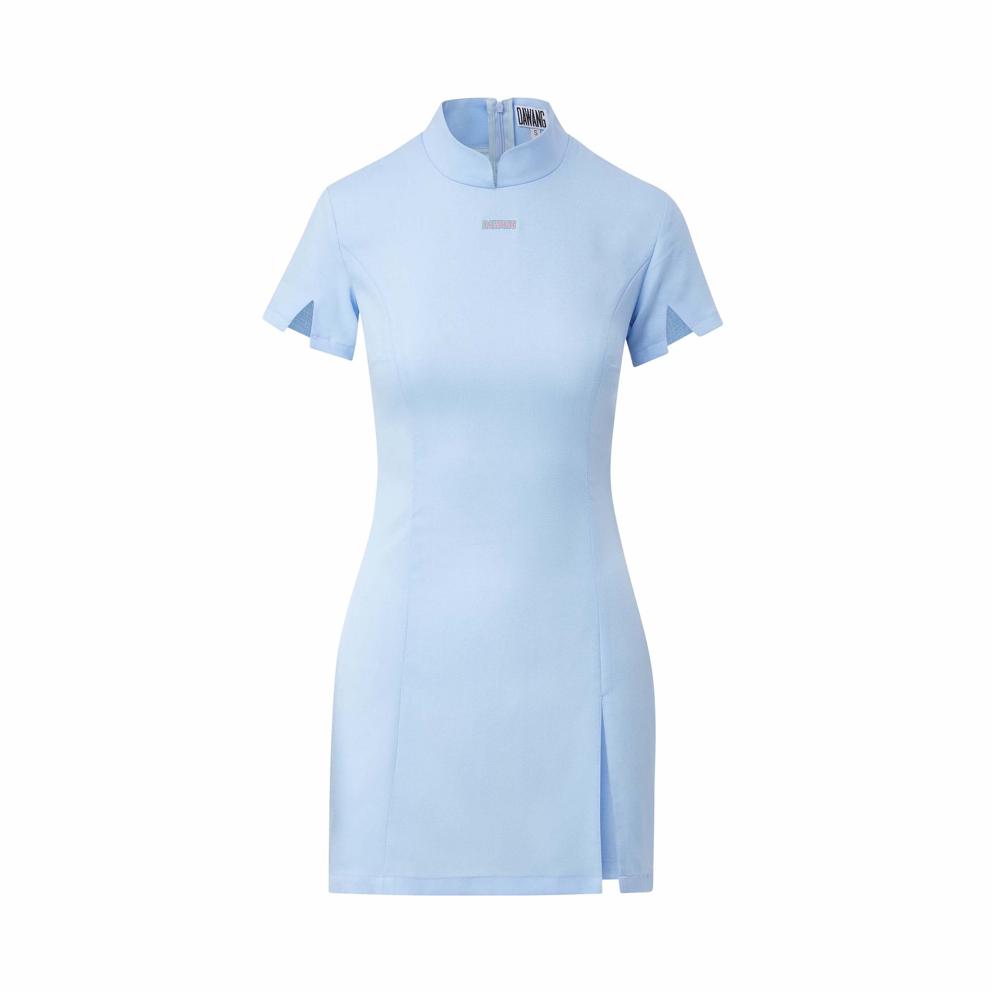 Lesley Linen Qipao Mini Dress Blue by DAWANG