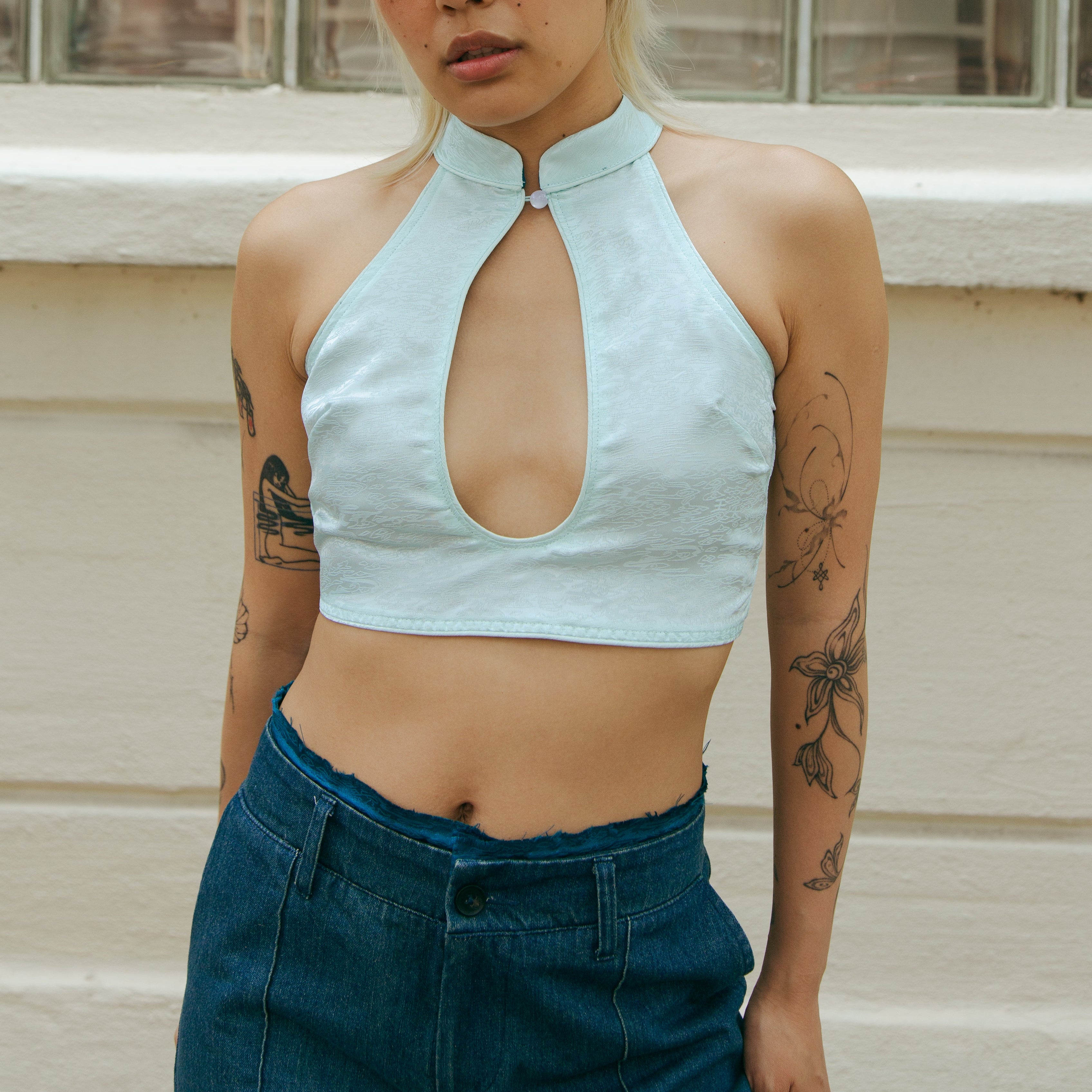 Xi Keyhole Reversible Tie-up Top Jade Blue by DAWANG