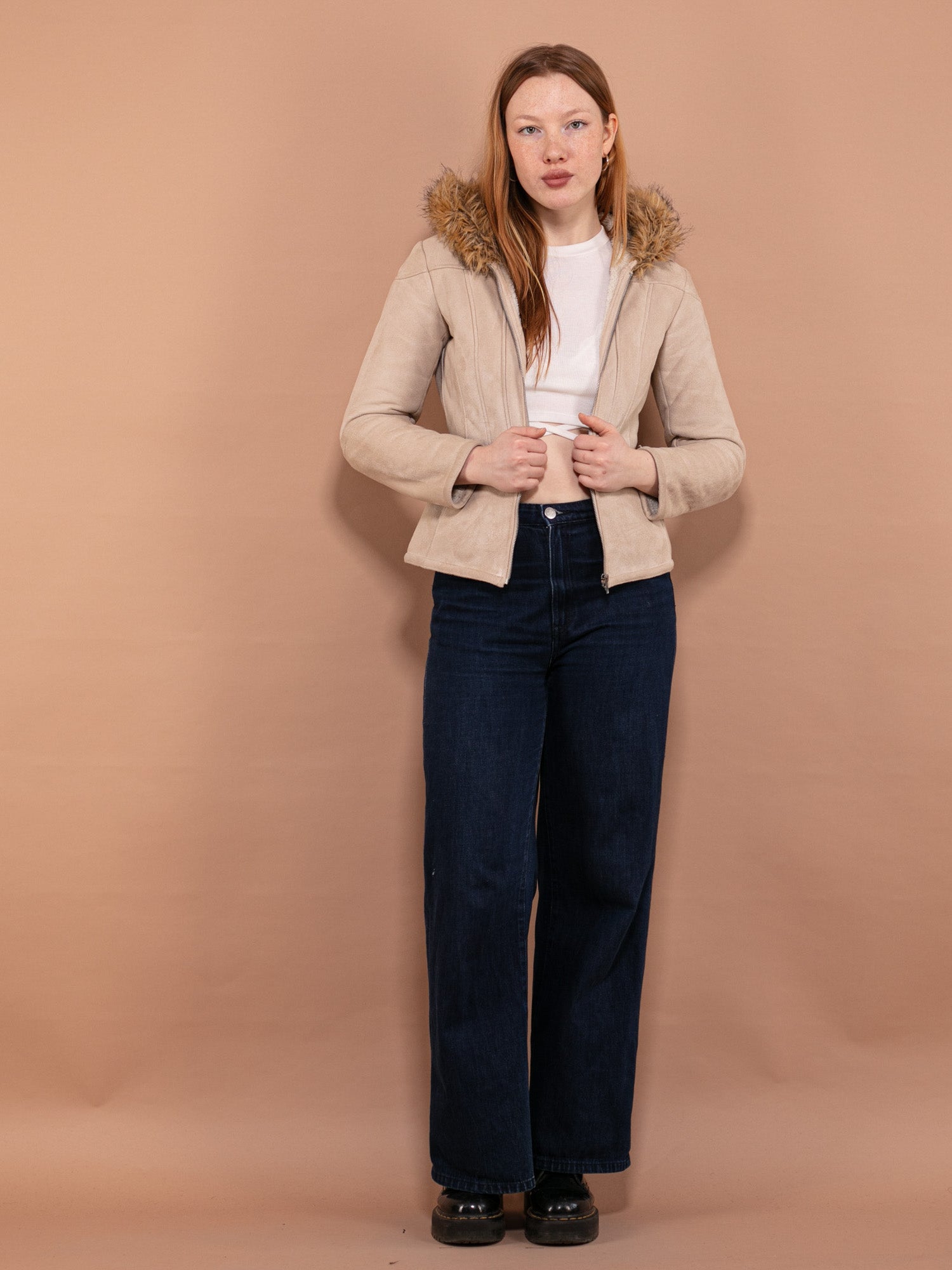 Vintage 90's Women Faux Sheepskin Jacket in Beige by Northern Grip
