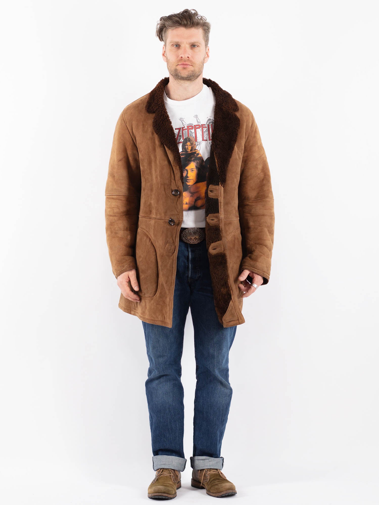 Vintage 80's Men Sheepskin Shearling Coat in Brown by Northern Grip