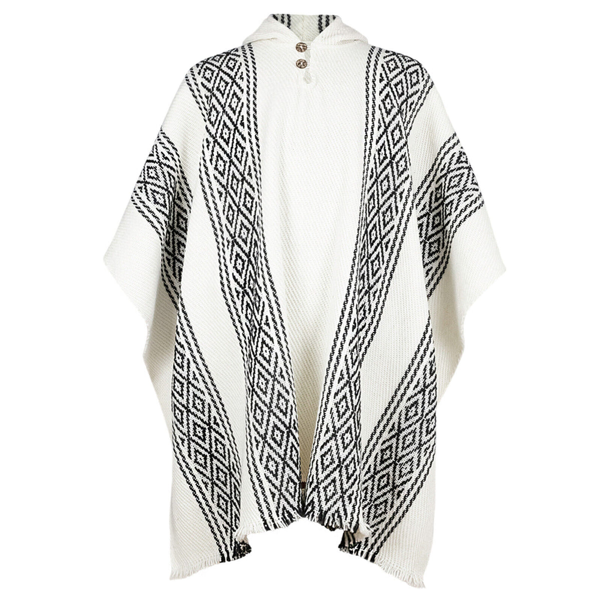 Llama Wool Unisex South American Handwoven Thick Hooded Poncho White/Black by ECUALAMA