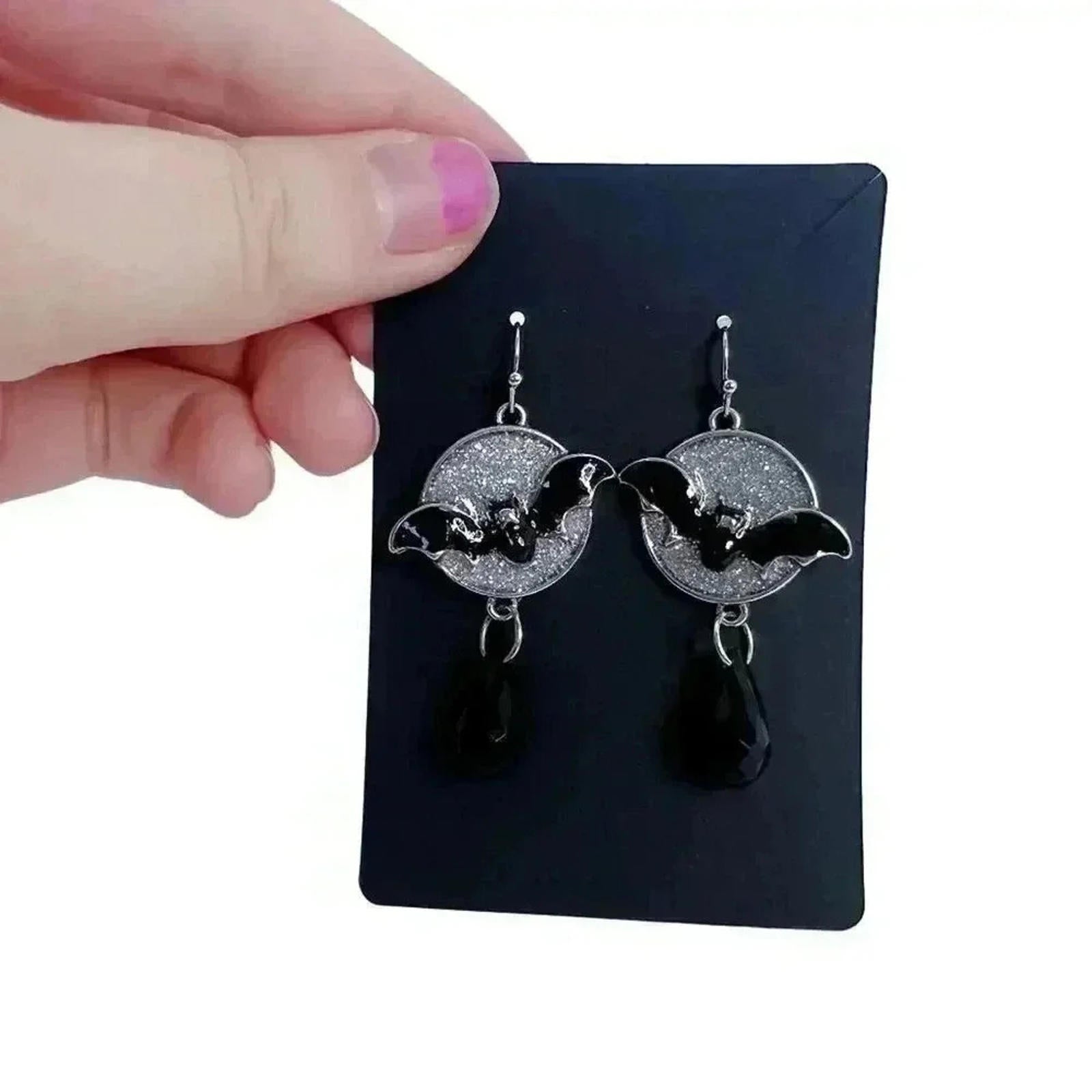 Bat Earrings Silver Sparkly Statement Dangling Earrings Halloween Goth by Hot Girl Secondhand