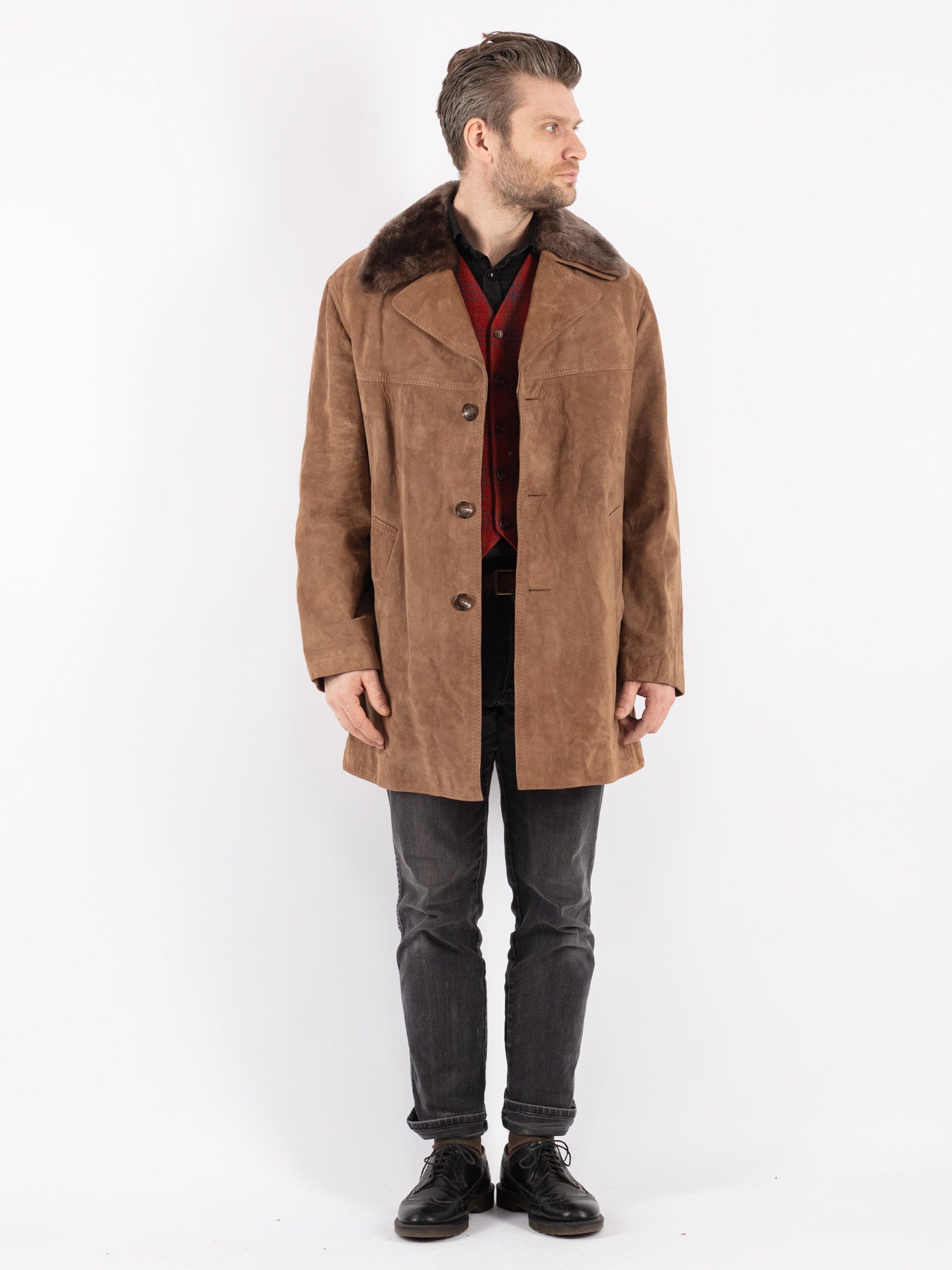 Vintage 70's Men Suede Sherpa Coat in Beige by Northern Grip