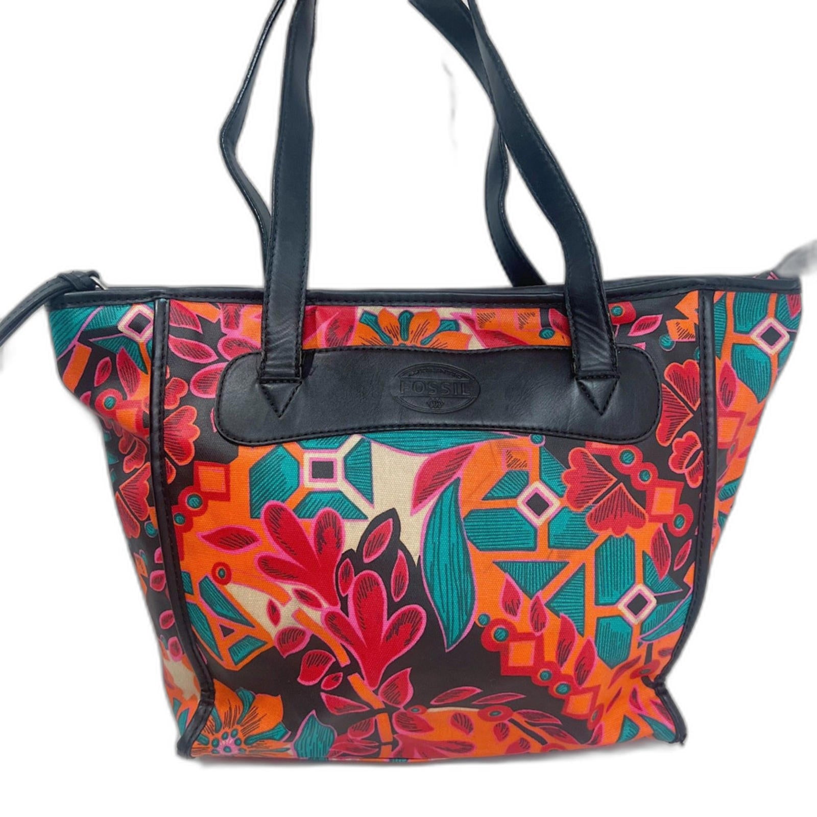 Fossil KeyPer Orange and Pink Flower Floral Tote Bag Black Leather Pur by Hot Girl Secondhand